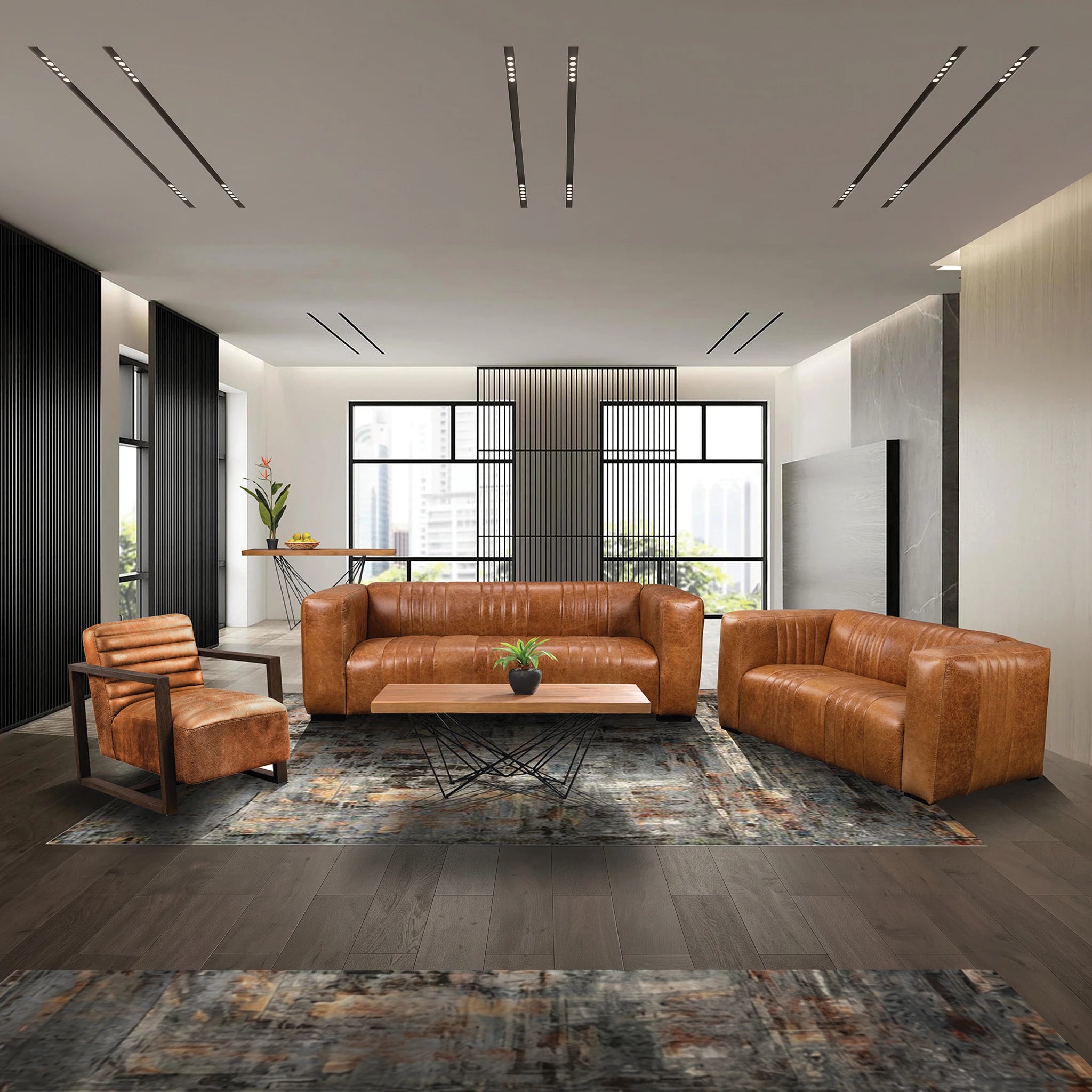 Capella Sofa in warm brown leather with tufted, structured arms in a modern living room.