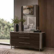 Cassino Dressing Table and Mirror in black oak finish with a wide marble-top surface and six drawers