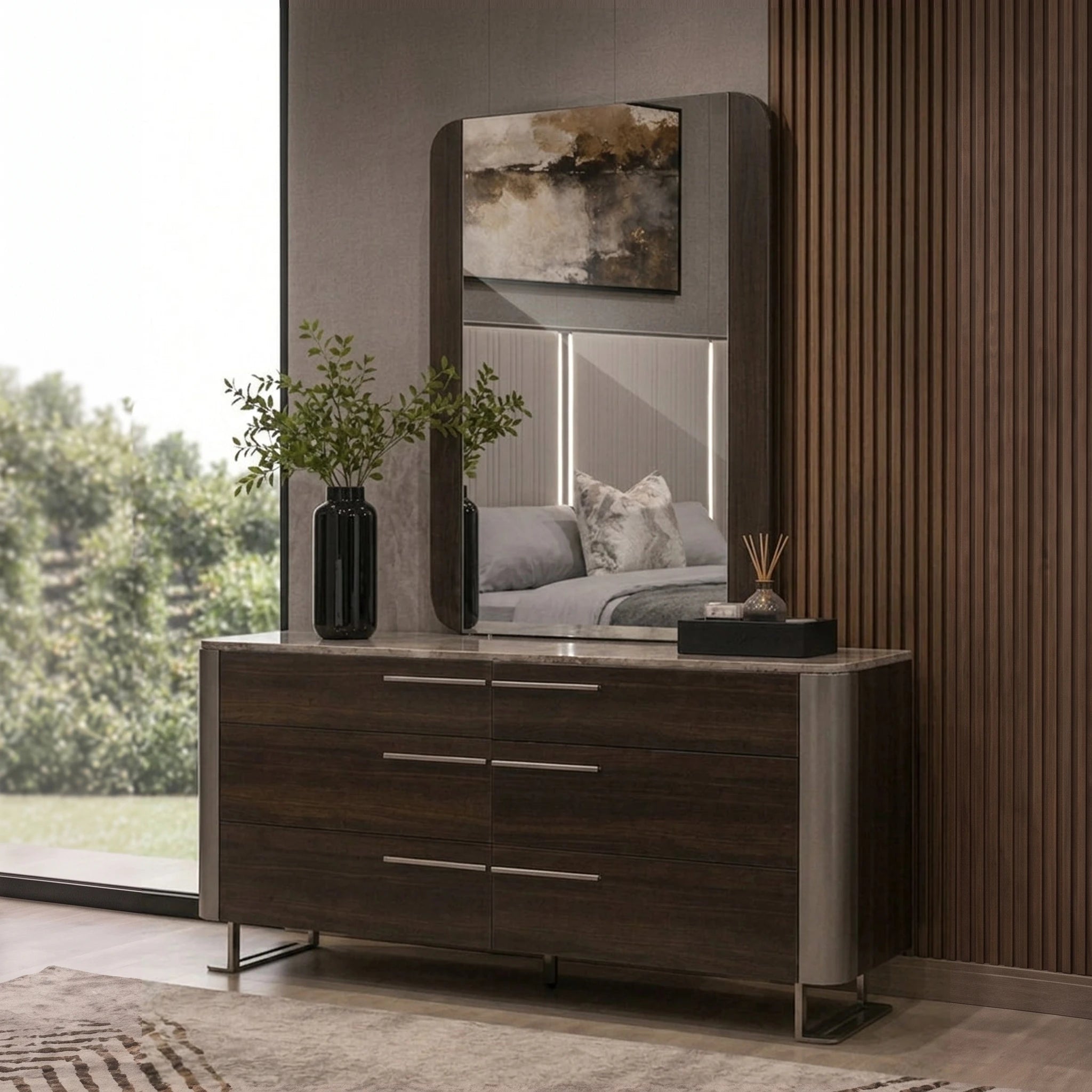 Cassino Dressing Table and Mirror in black oak finish with a wide marble-top surface and six drawers