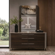 Cassino dressing table and mirror in black oak finish with a wide drawer chest and a tall framed mirror for a modern bedroom