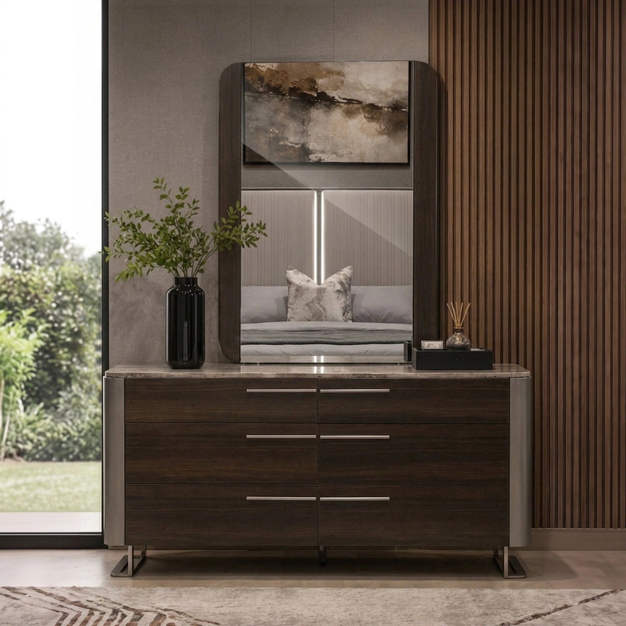 Cassino dressing table and mirror in black oak finish with a wide drawer chest and a tall framed mirror for a modern bedroom
