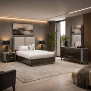 Cassino Dressing Table and Mirror in black oak finish with sleek drawers and modern metal accents in a luxurious bedroom