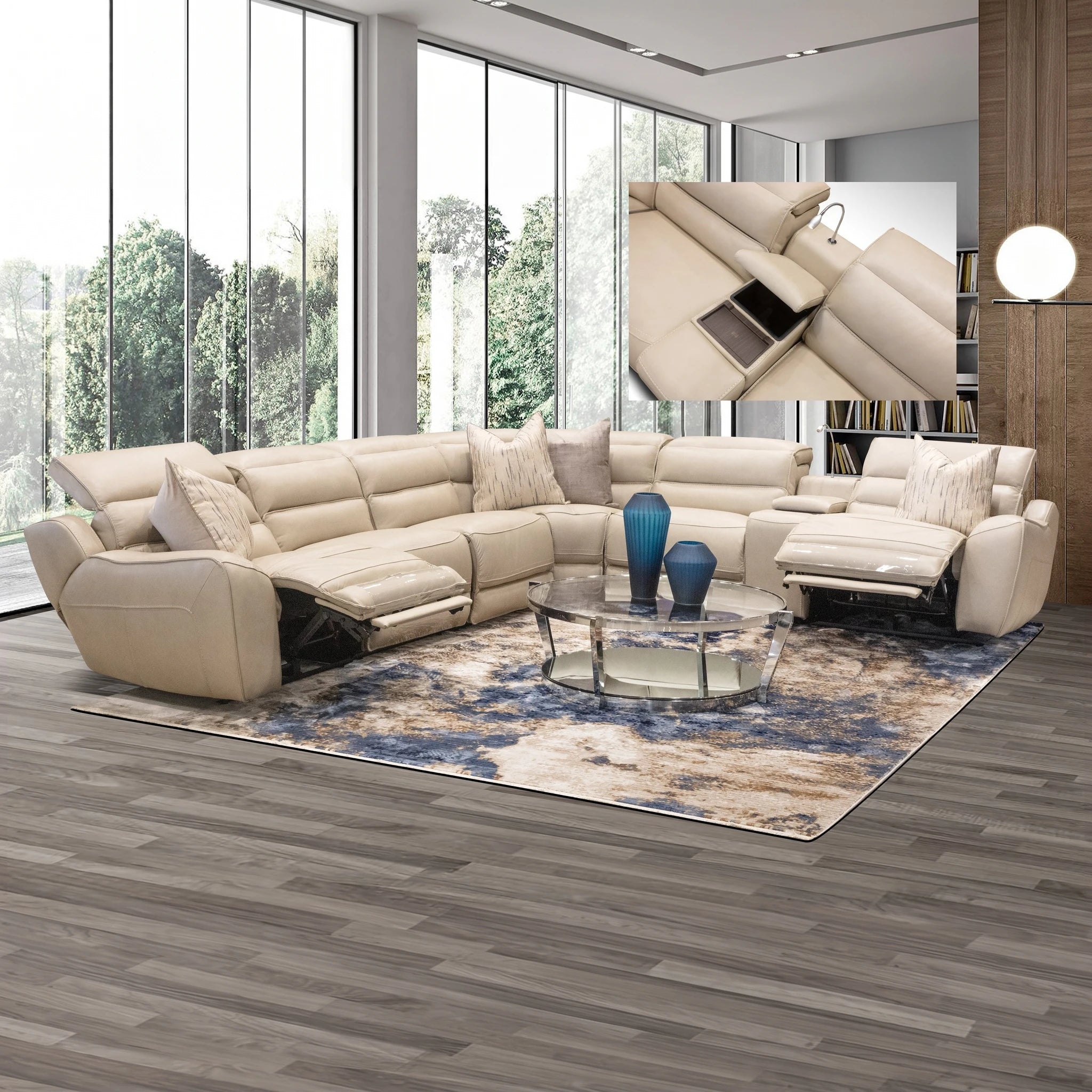 Cavalier Power Recliner Corner Lounge Suite in beige leather with reclining seats and plush cushions in a modern living room.