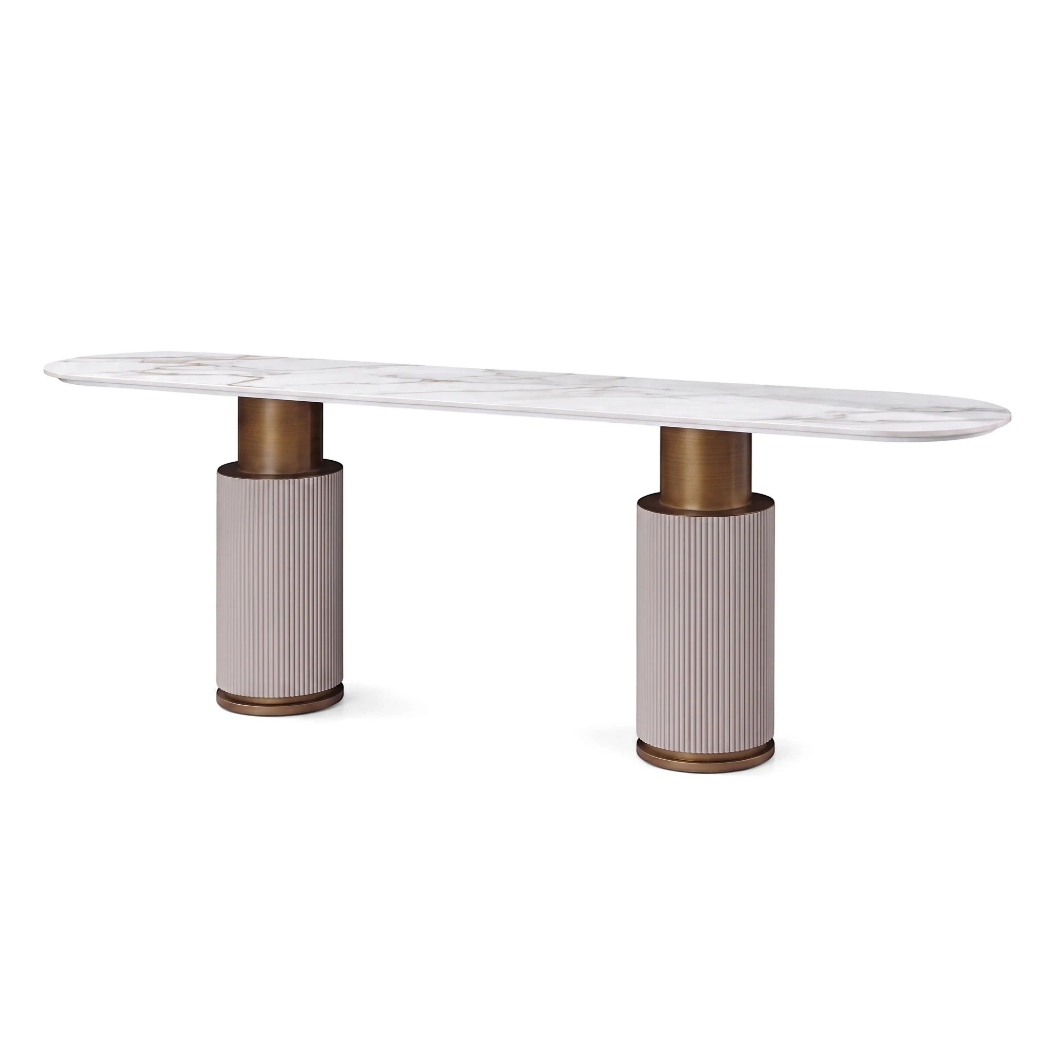 Chandler Console Table with an oval white marble top, bronze cylindrical supports, and ribbed light-colored bases, viewed