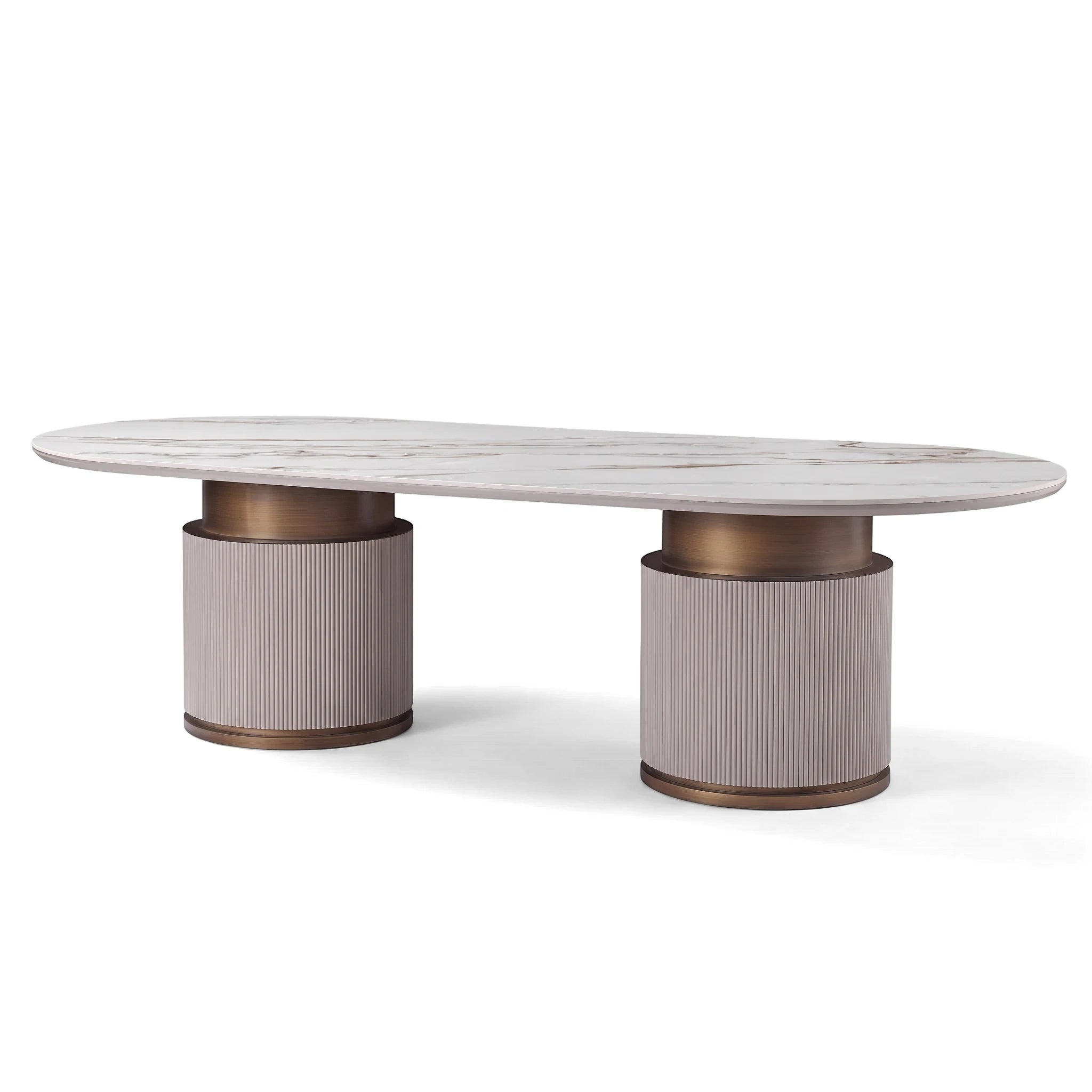 Chandler Dining Room Table with an oval white marble top and two fluted gray and bronze pedestal bases, front view.