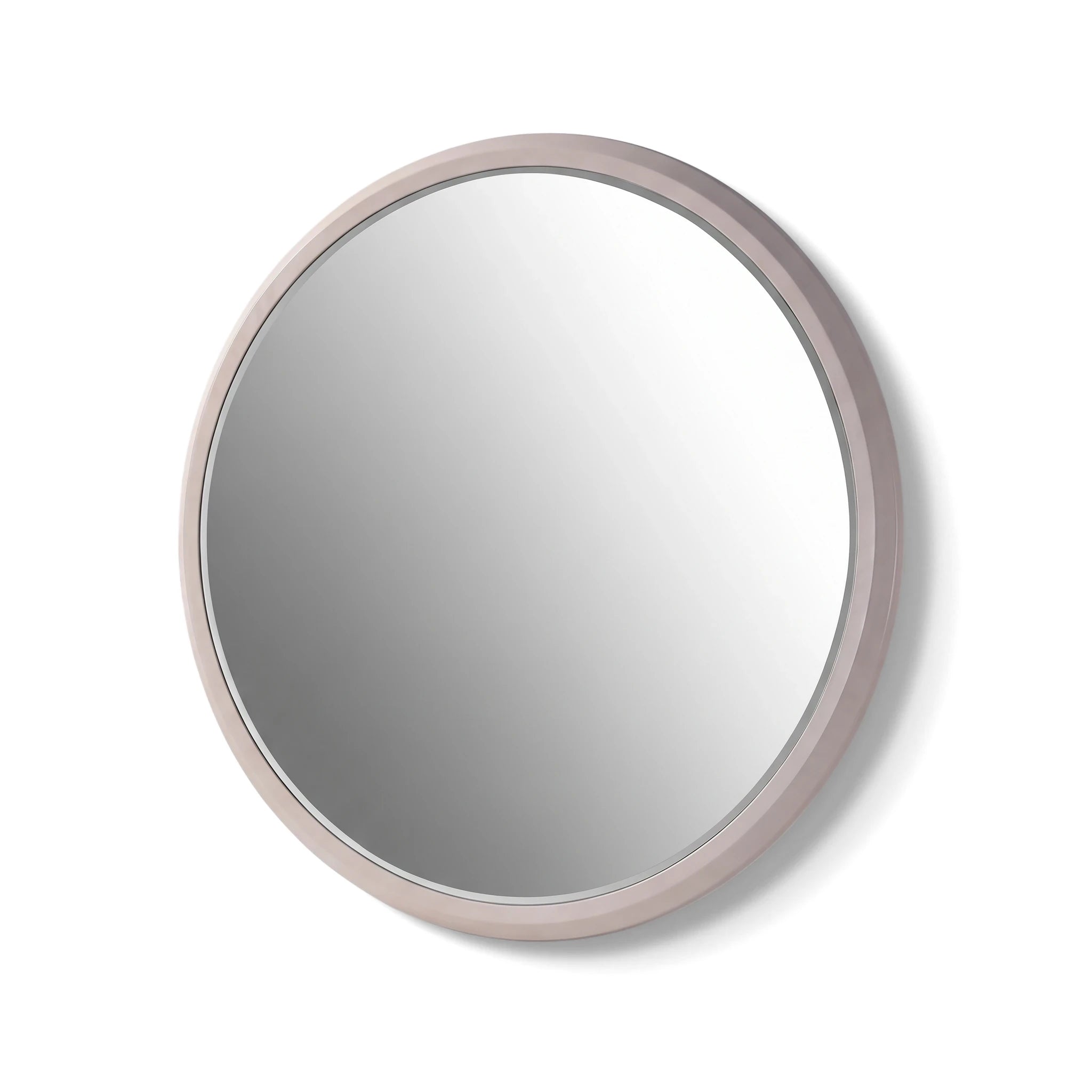 Round Chandler Mirror for console, featuring a smooth, light beige frame. The mirror is centered and isolated on a white