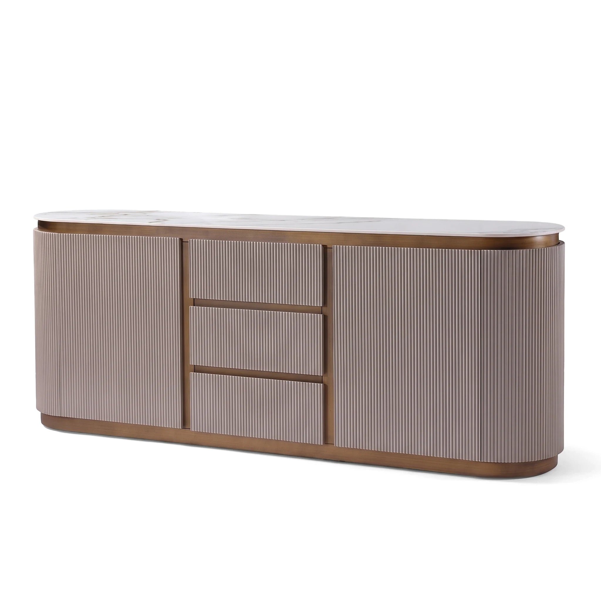 Chandler Sideboard with white marble top, reeded taupe doors and drawers, and bronze frame on a white background.