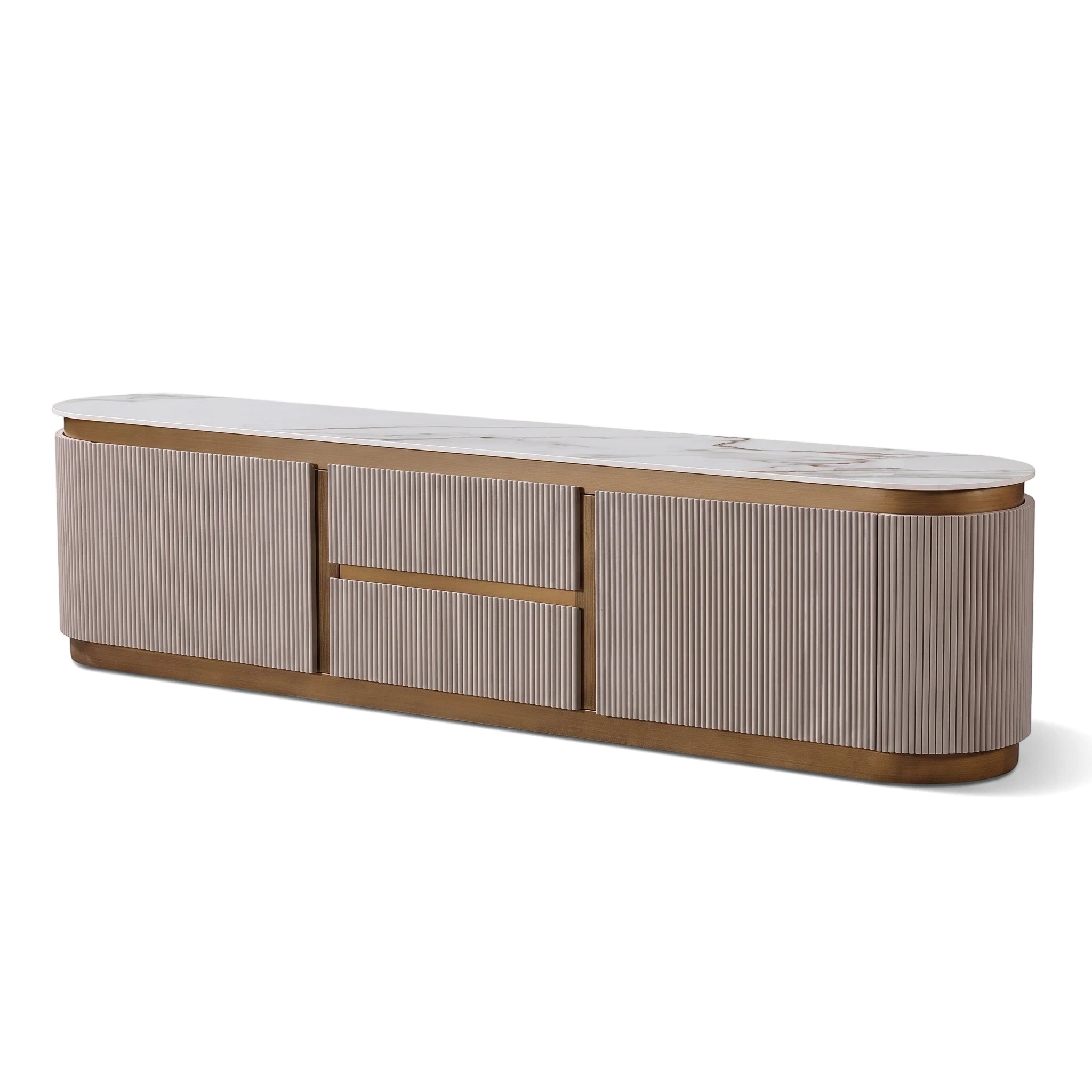 Modern Chandler TV unit in bronze with a white marble top and ribbed cabinet doors, shown from an angled perspective.