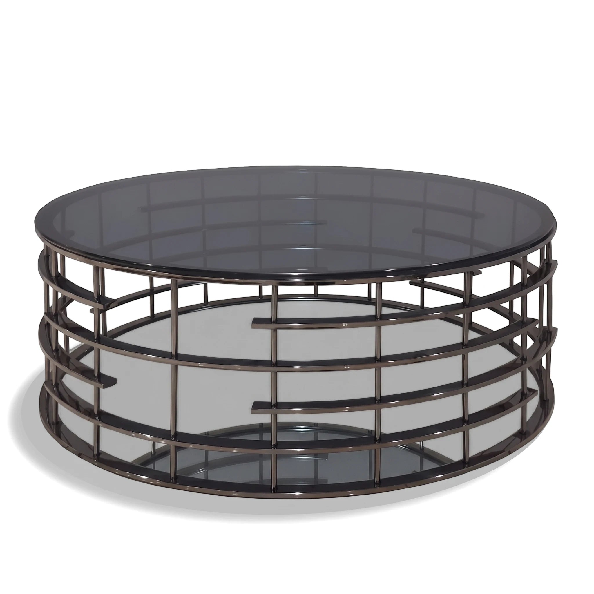 Round black glass Chelsey coffee table with a dark metal cage-like base, viewed from a slightly elevated angle.