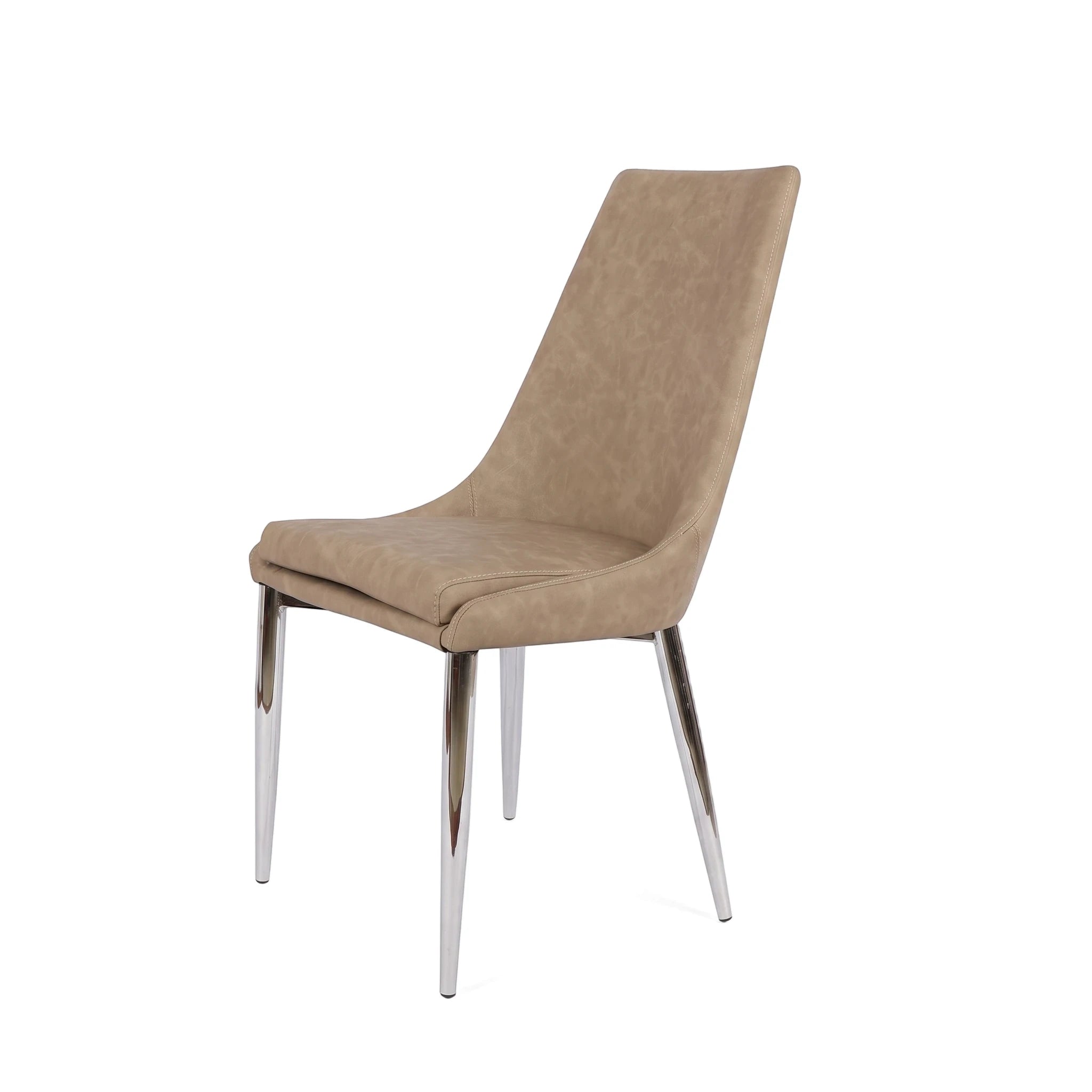 Beige upholstered Chester dining chair with chrome-finish tapered legs, viewed from a slight angle.