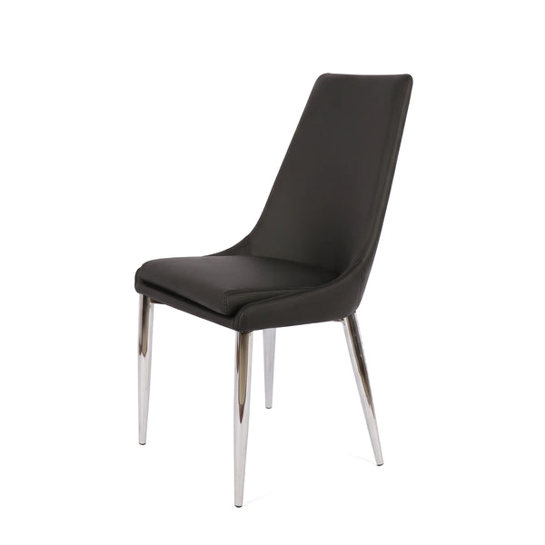 Modern black upholstered Chester dining room chair with sleek chrome legs, presented from a slightly angled view.