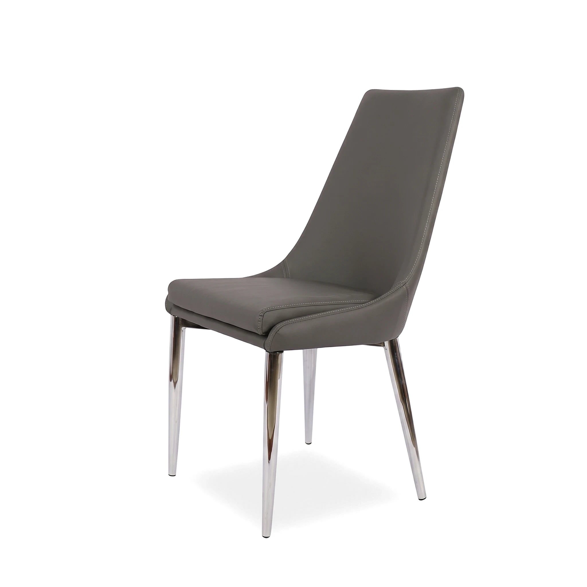 Modern grey faux leather Chester dining room chair with a high back and sleek chrome legs, presented from an angled front