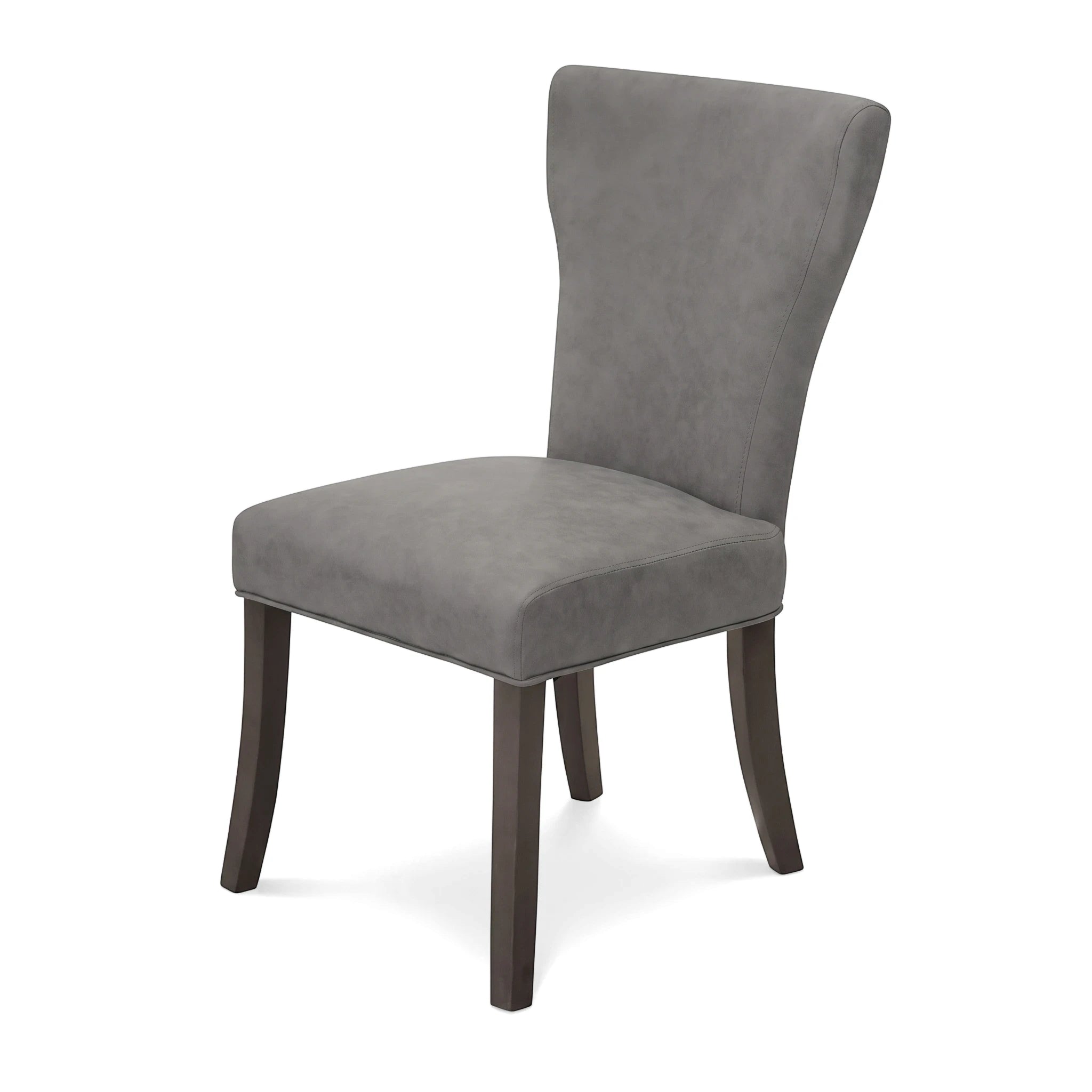 Grey upholstered Conway dining room chair with a high curved back and dark wooden legs, shown from a slightly angled side