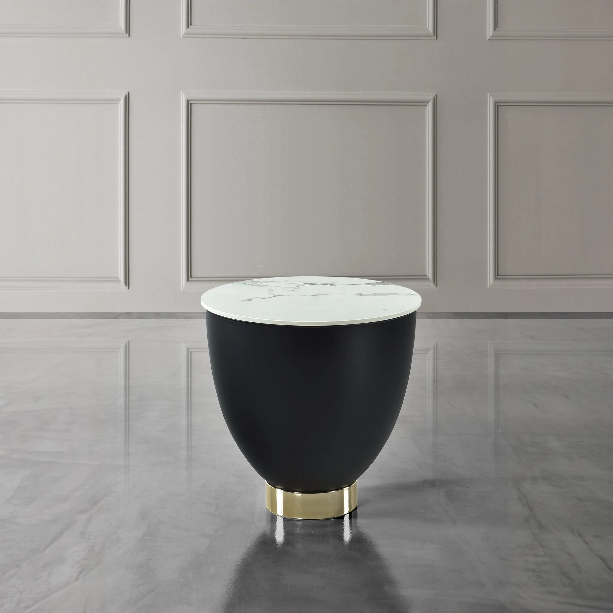 Corston Side Table - glossy snow white marble top with black curved base and gold pedestal.