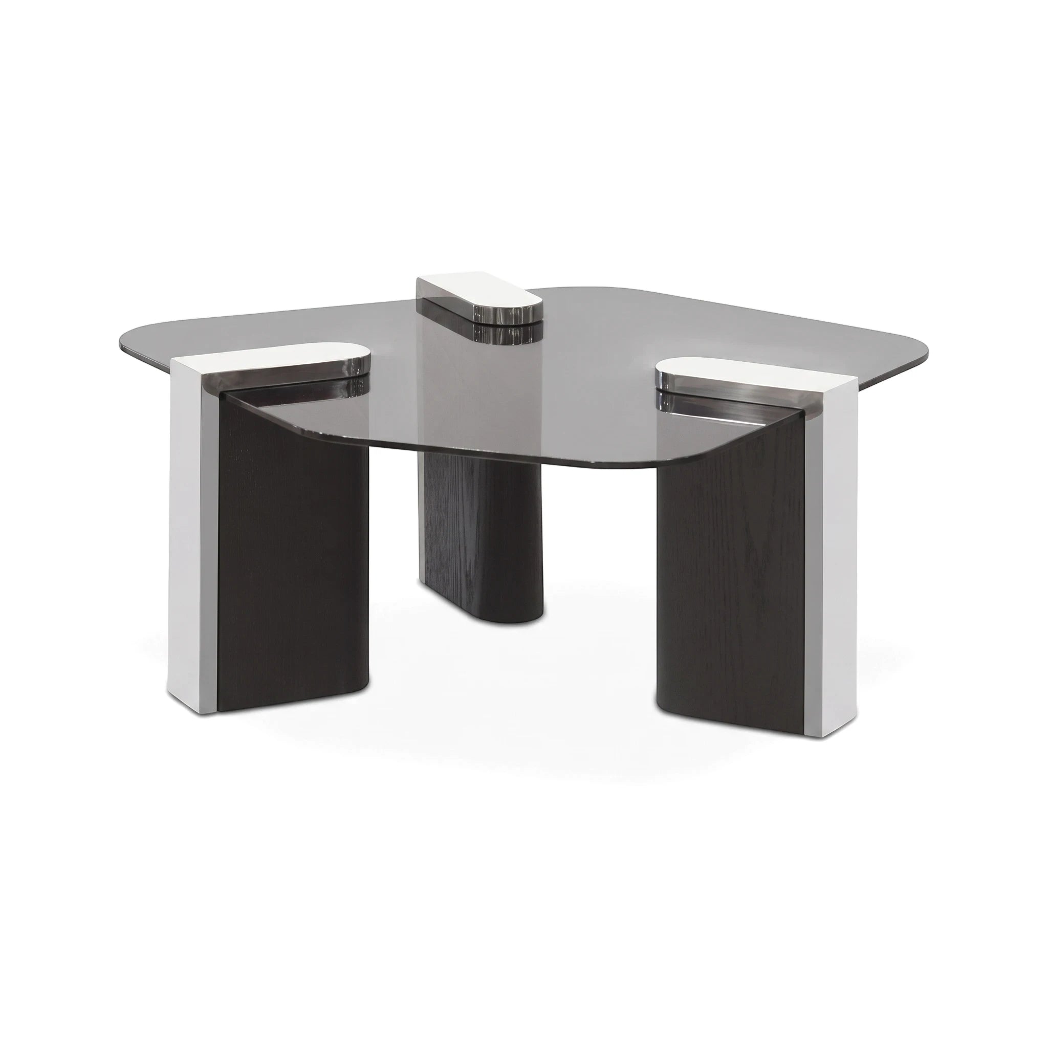 A modern Cortona side table with a grey-black glass top, dark wooden legs, and polished silver accents.