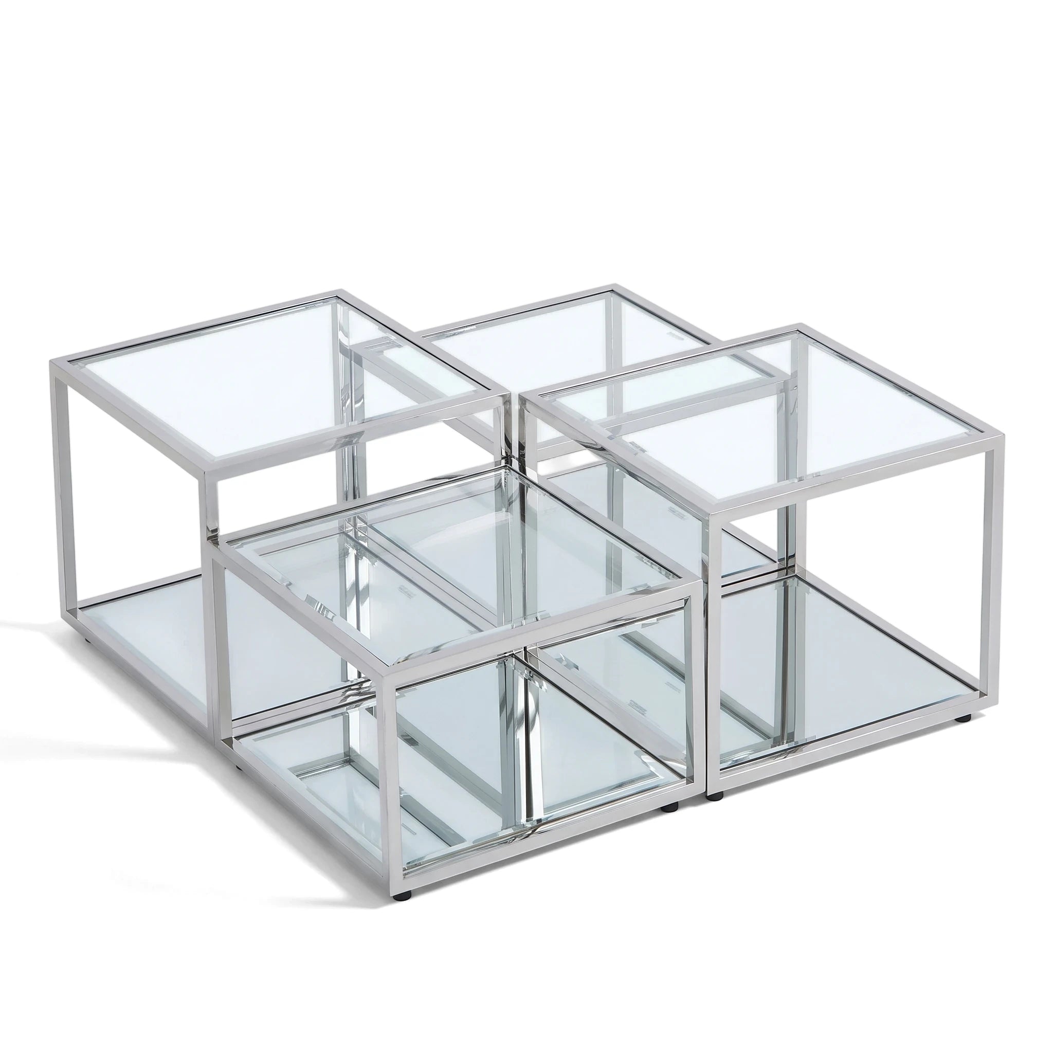 Crewe coffee table with polished stainless steel frame and clear glass tops in an interlocking modular design, viewed from