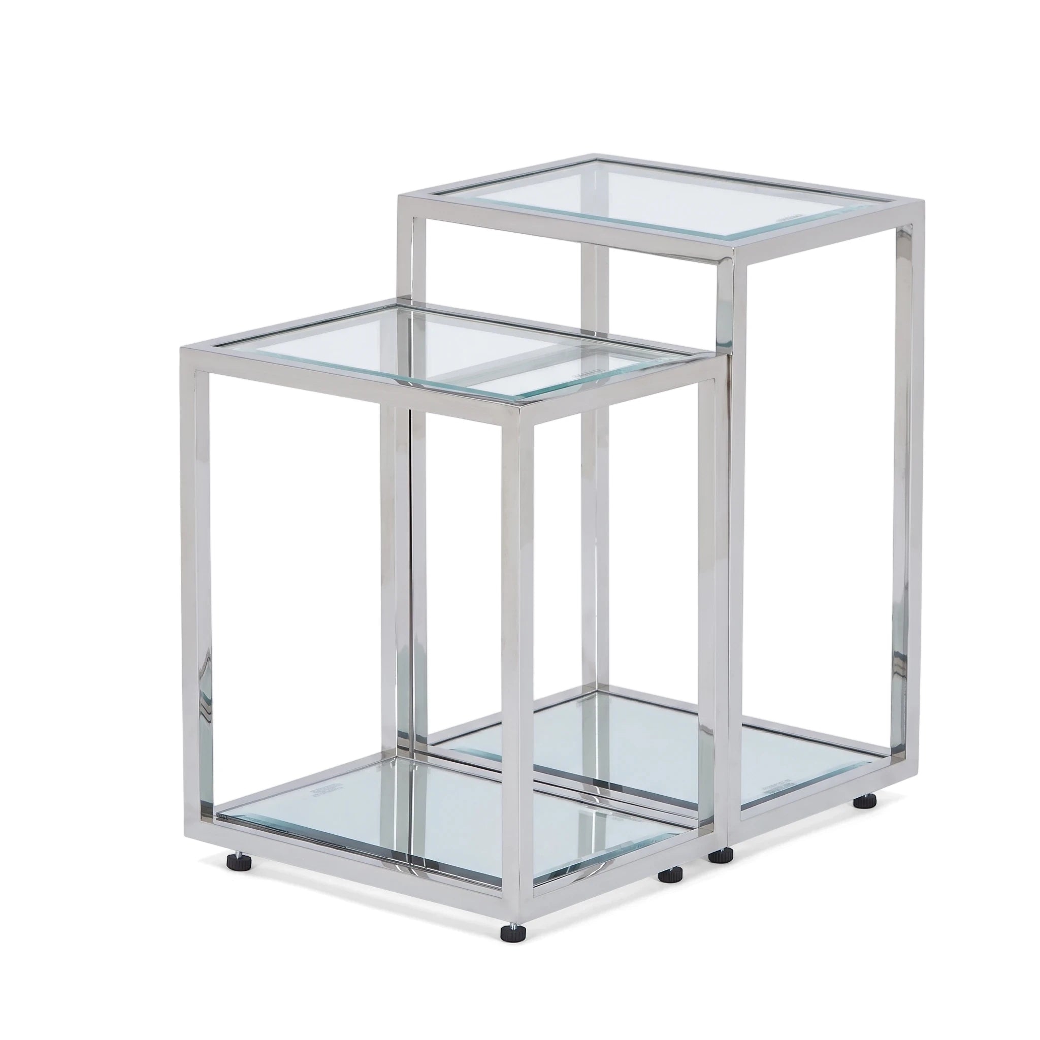 Two nested Crewe End Tables featuring polished stainless steel frames and clear glass tops and shelves, displayed at an