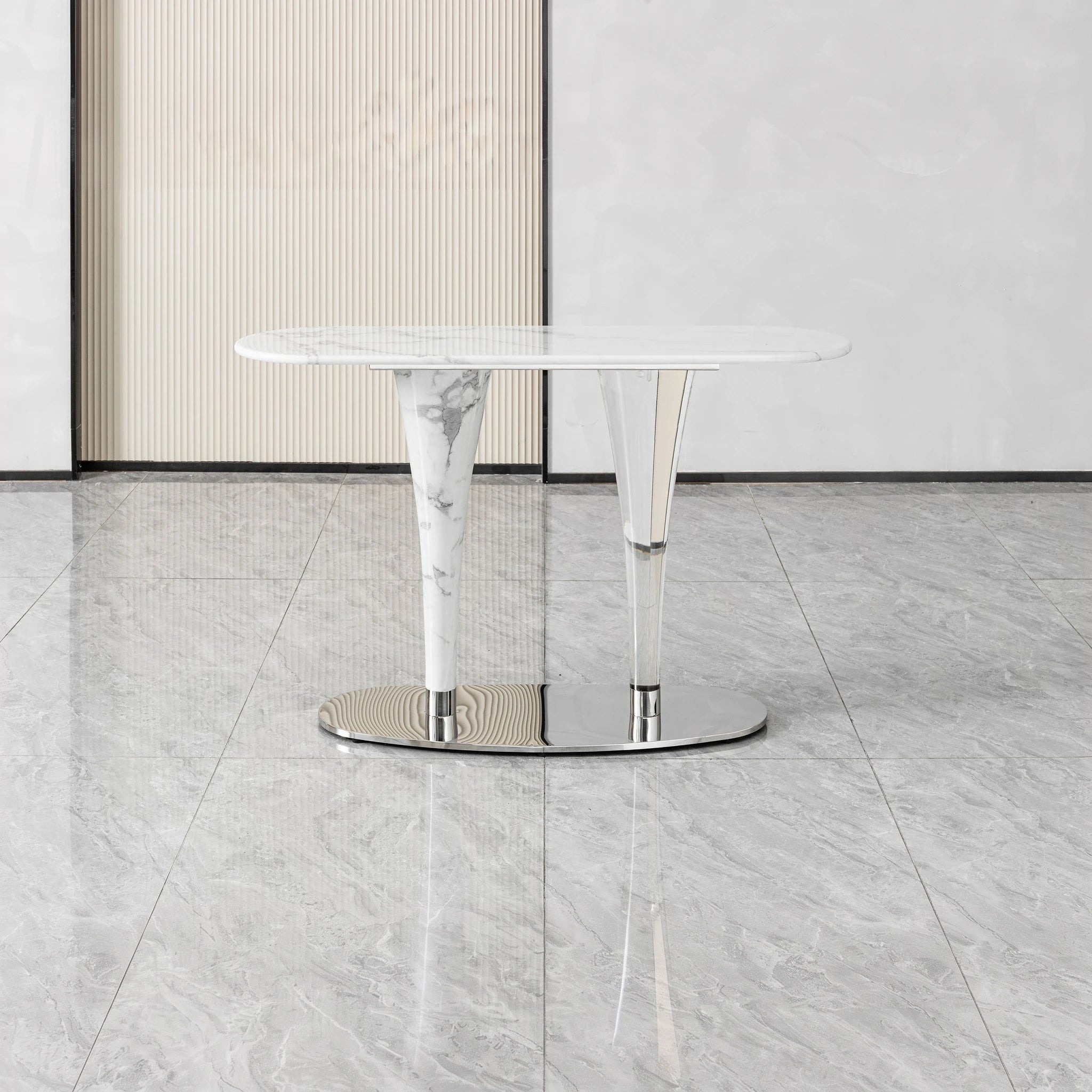 Cristallo Console Table with a white marble round top and sculpted marble legs set on a polished chrome base.