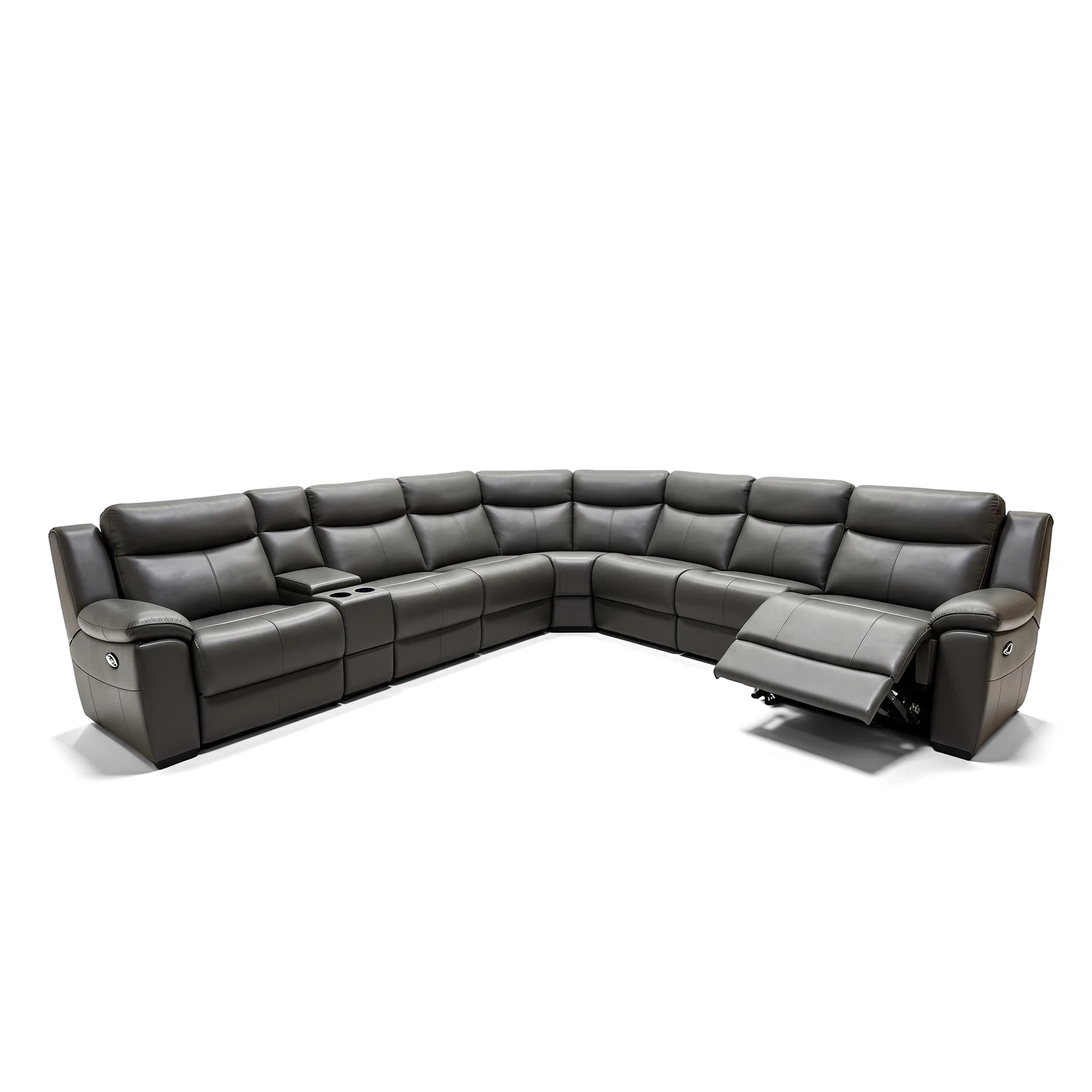 Dark grey leather Ambassador Electric Motion Lounge Suite sectional sofa with cup holders and an extended recliner.