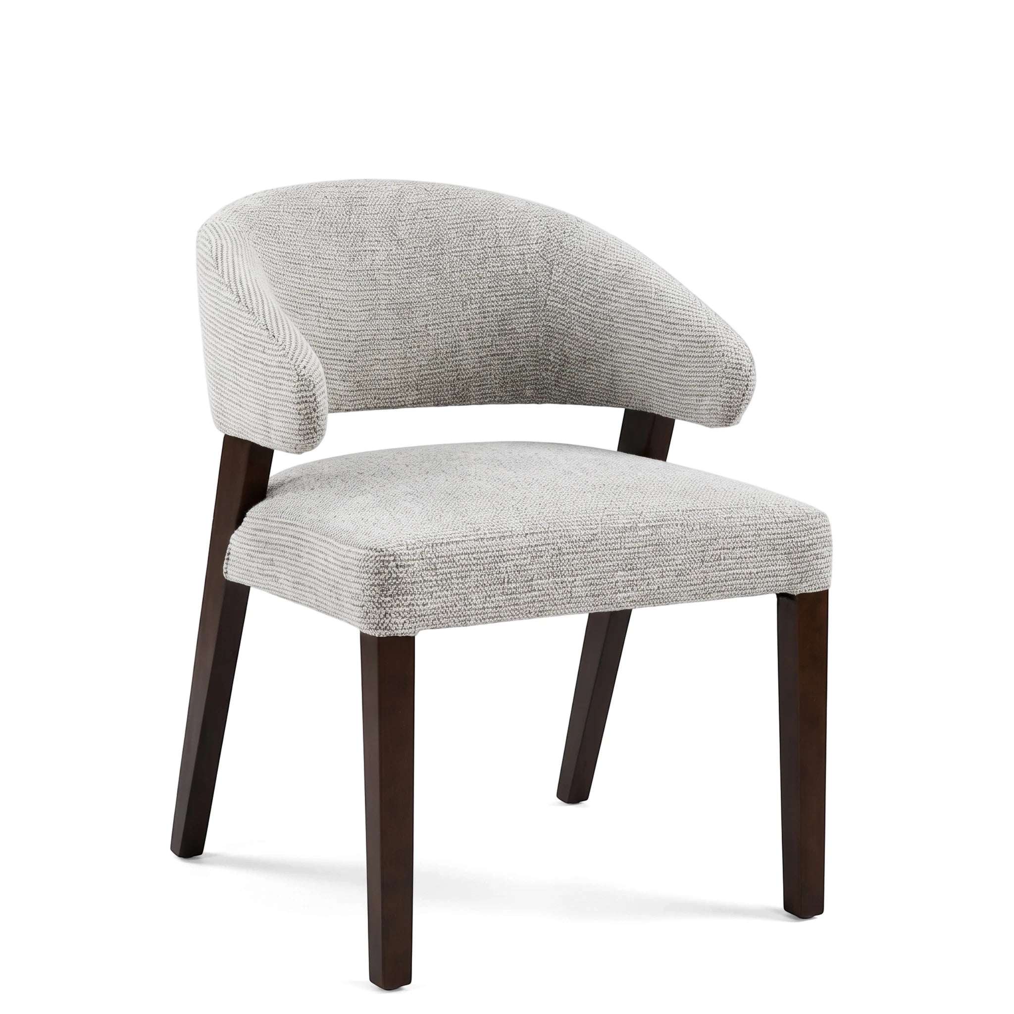 Delphi Dining Room Chair with light gray textured upholstery and dark brown wooden legs, featuring a curved backrest.