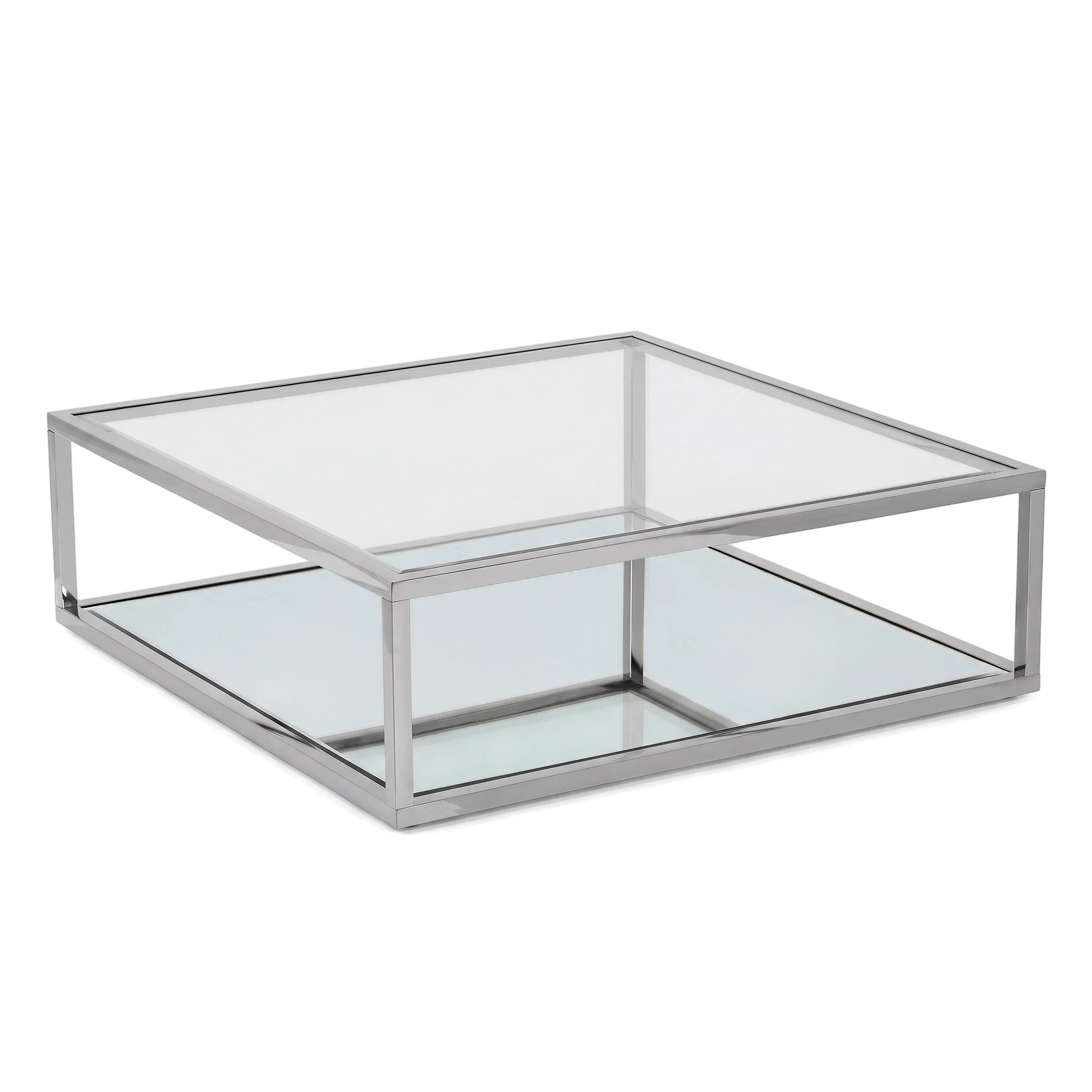 Square modern Derby coffee table with clear glass top and lower shelf, supported by a polished chrome metal frame, viewed