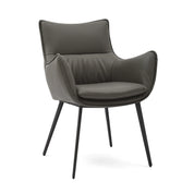 Modern Dijon dining room chair with dark grey leather upholstery and sleek black metal legs, viewed from a slight angle.