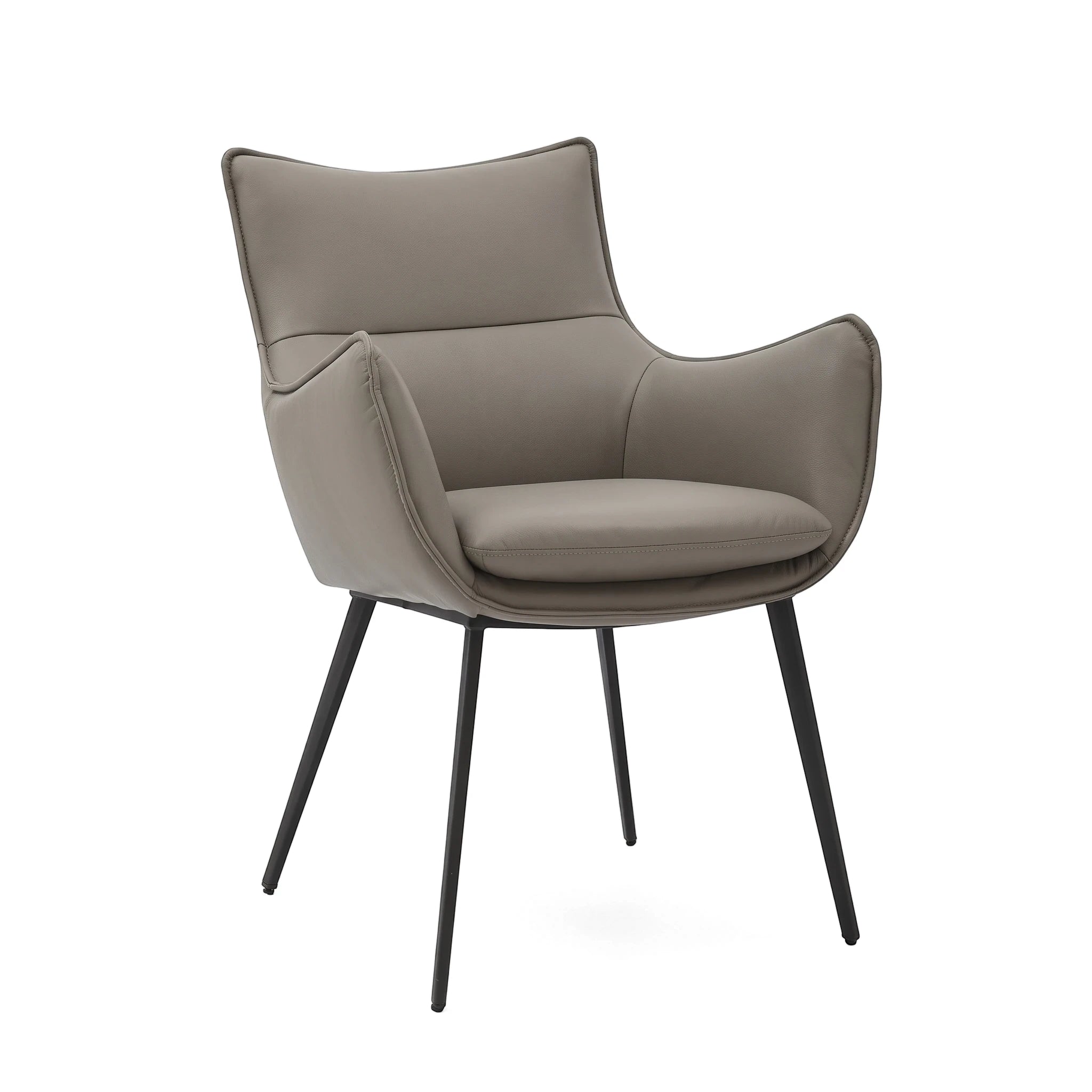 Dijon Dining Room Chair, upholstered in light grey leather with black metal legs, shown from a slightly angled front view.