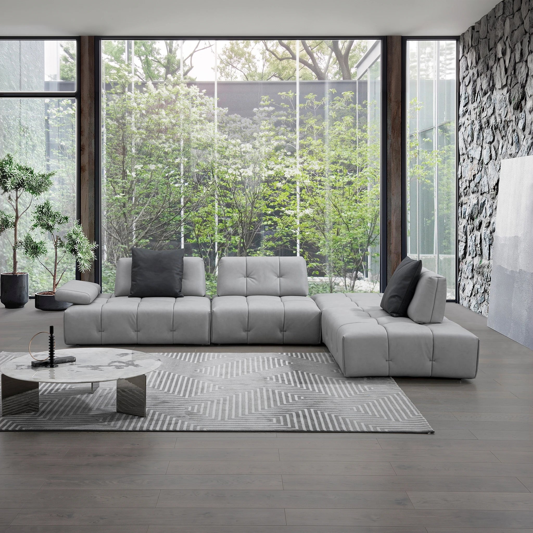 Doreset 4 Piece Corner Lounge Suite in grey modular sectional with tufted cushions for a modern living room aesthetic.