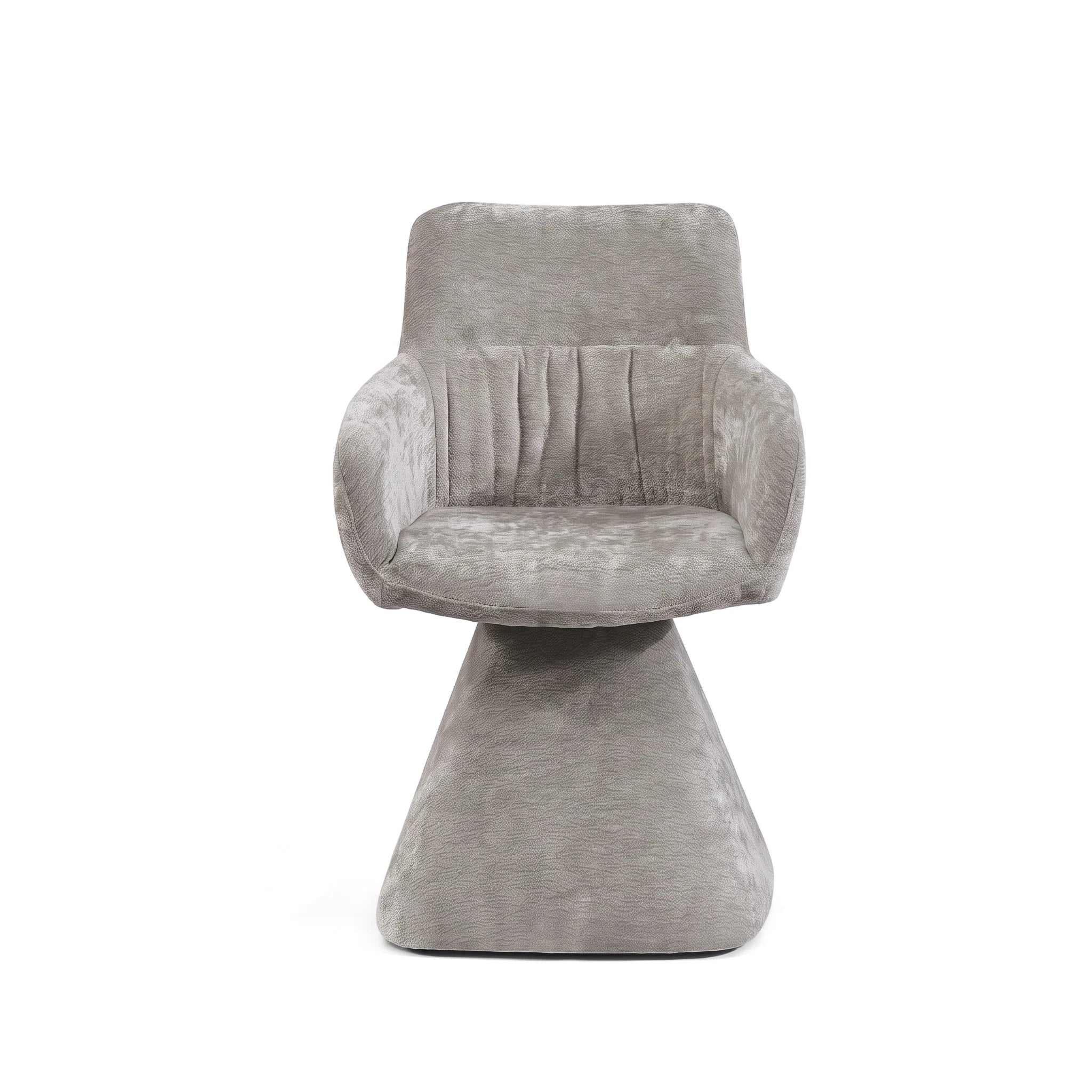 Grey upholstered Dover dining chair with a comfortable armrest design and a unique conical swivel base, viewed from the