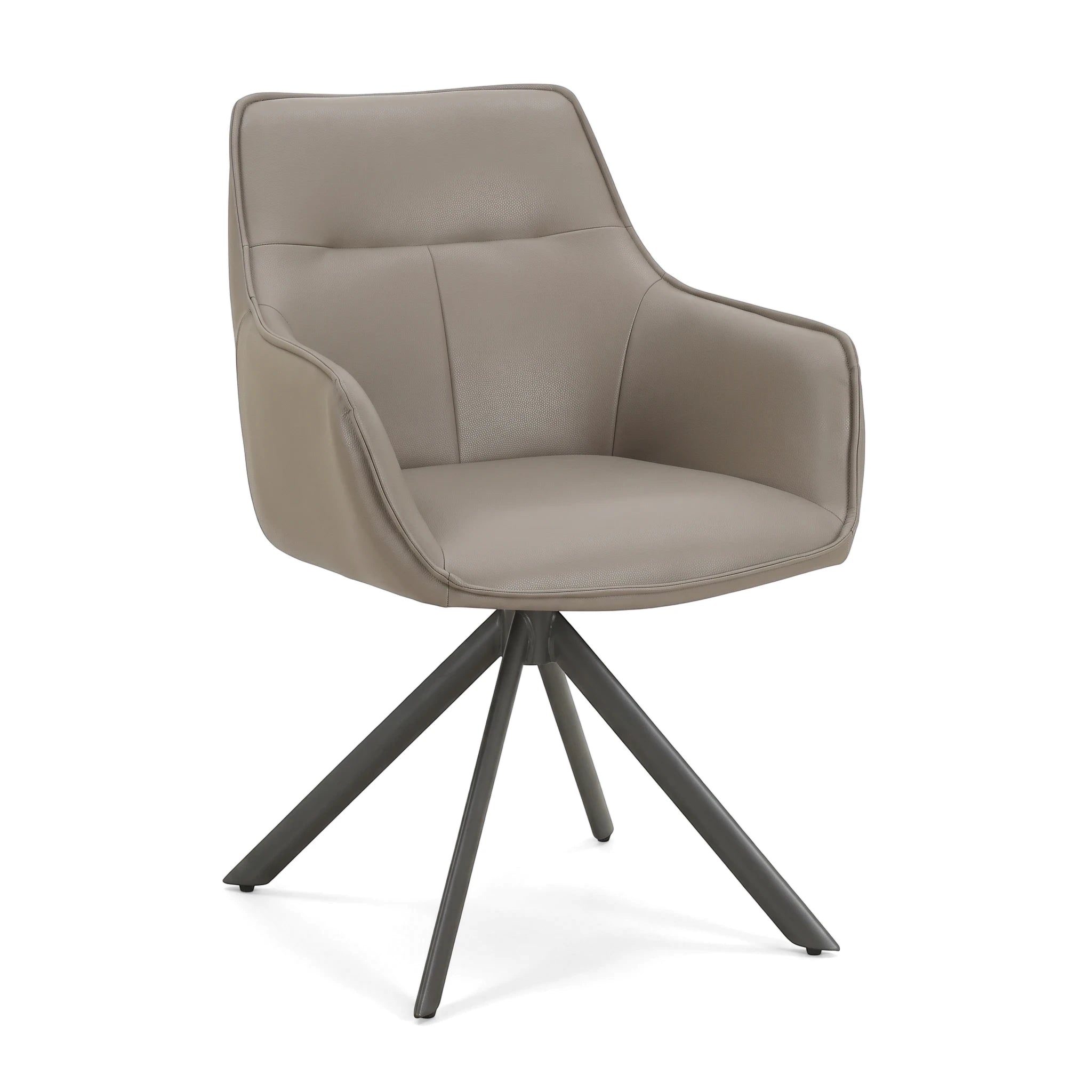 Dunbar Swivel Dining Room Chair in light gray faux leather with a dark gray metal star base, shown from a front-quarter view.