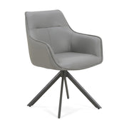 Dunbar Swivel Dining Room Chair in grey faux leather with a dark metal four-star base, shown from a slightly angled view.