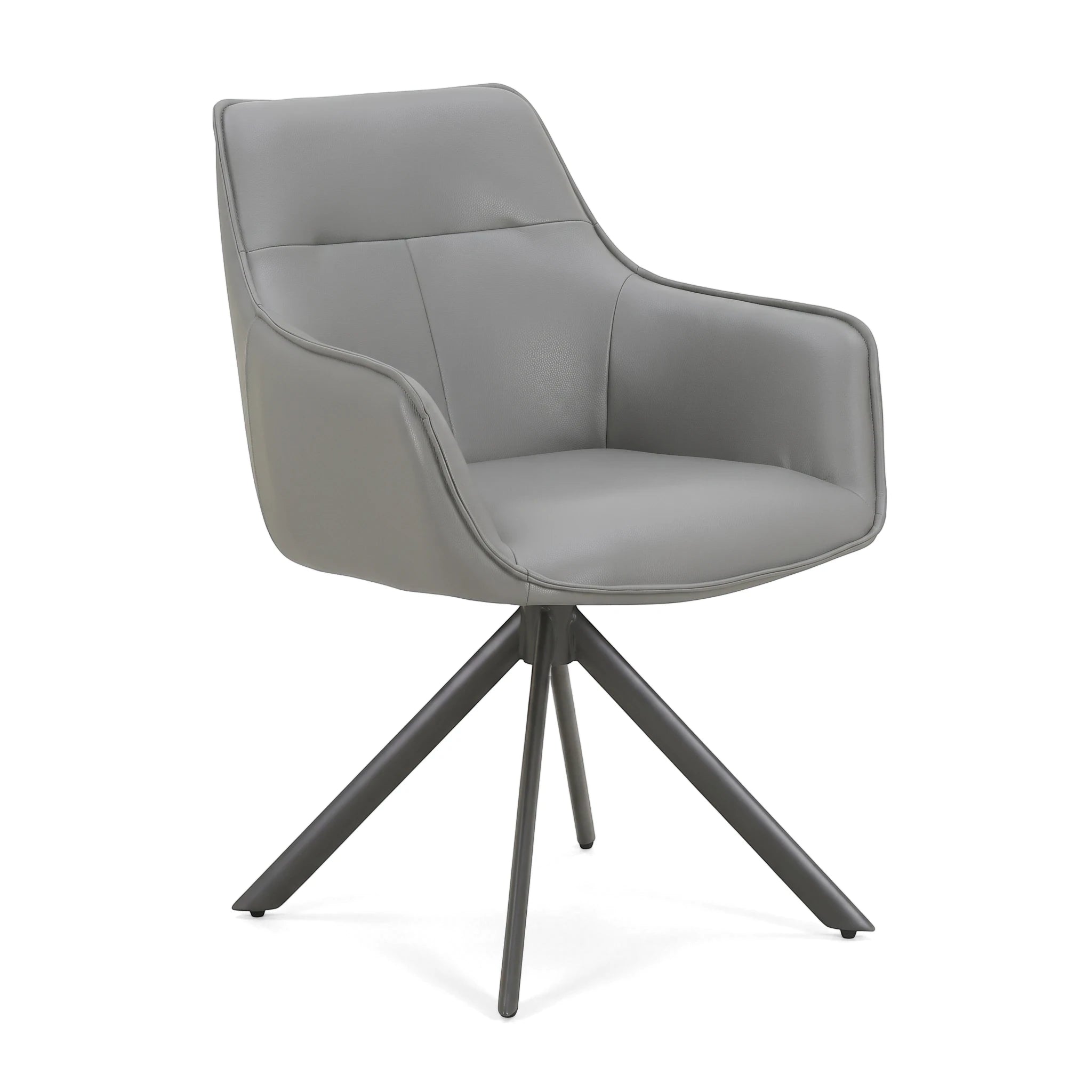 Dunbar Swivel Dining Room Chair in grey faux leather with a dark metal four-star base, shown from a slightly angled view.