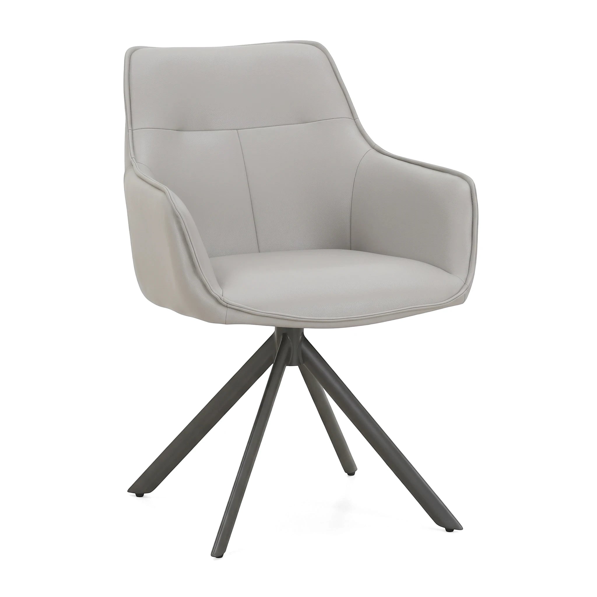Light gray padded Dunbar Swivel Dining Room Chair with a contemporary design and dark metal swivel base, shown from a
