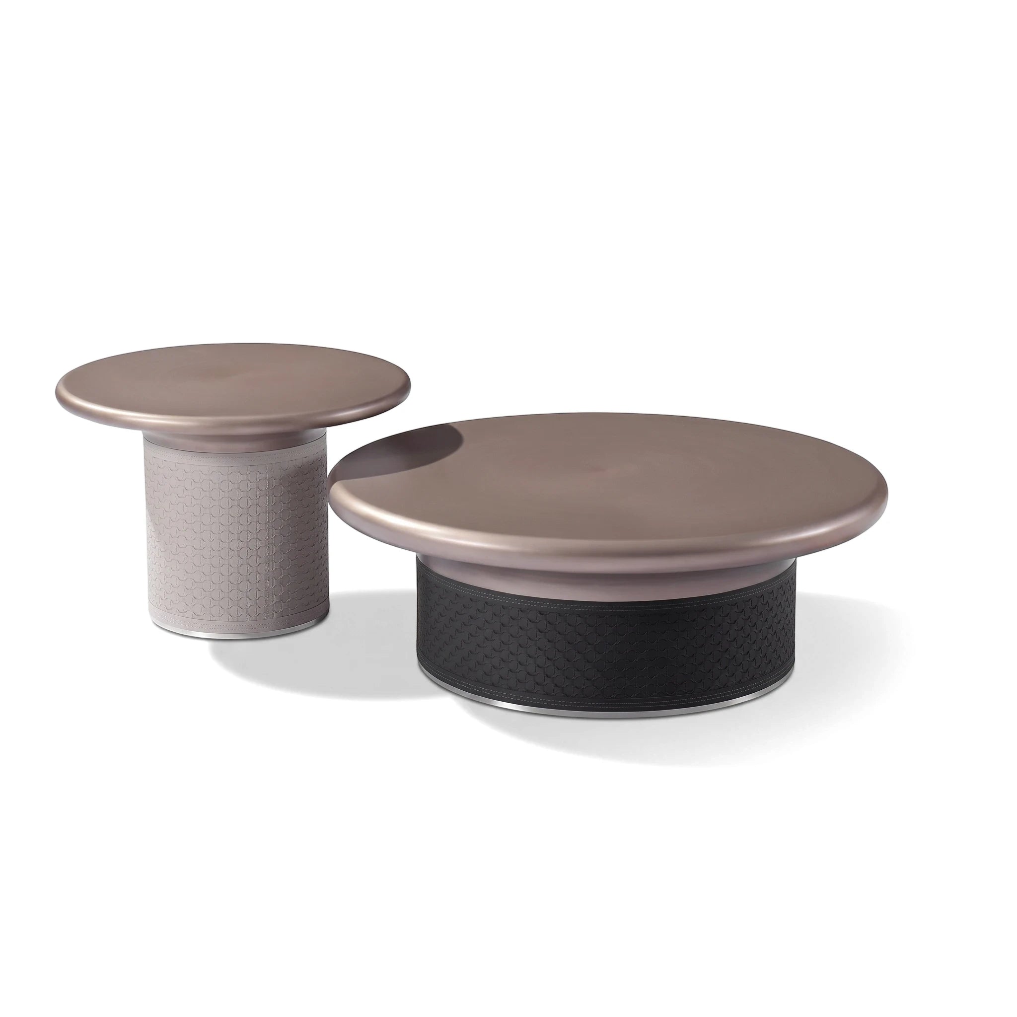 Ella Coffee Table 2 Piece Set in black and white, featuring round bronze tops and textured cylindrical bases, viewed from a