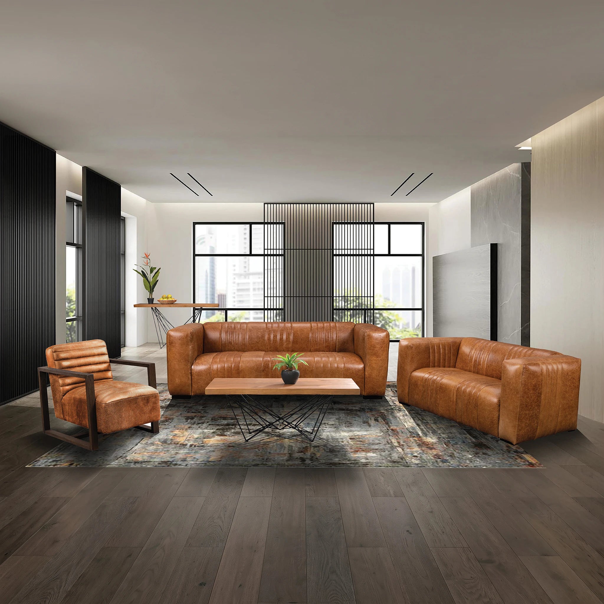 Ethan Occasional Chair in cognac leather with a solid wood frame for a modern living space and comfortable, structured