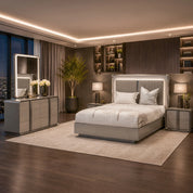 Ferrara 3 Piece Bedroom Suite in flannel grey with upholstered headboard, nightstands and a dresser in a modern luxurious