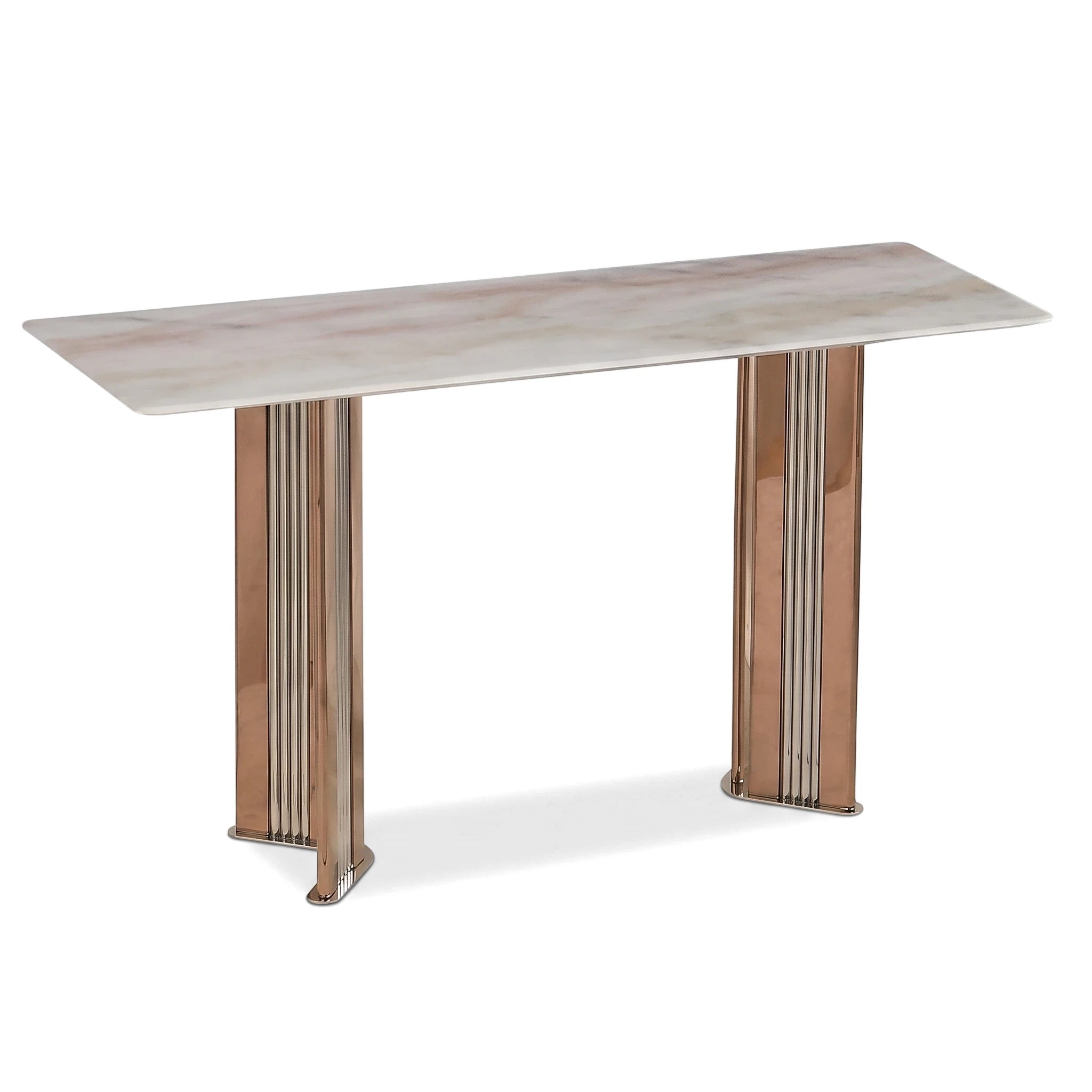 Fortino Console Table with a white marble top and sleek metallic bronze and silver-toned legs, presented from an angled view.