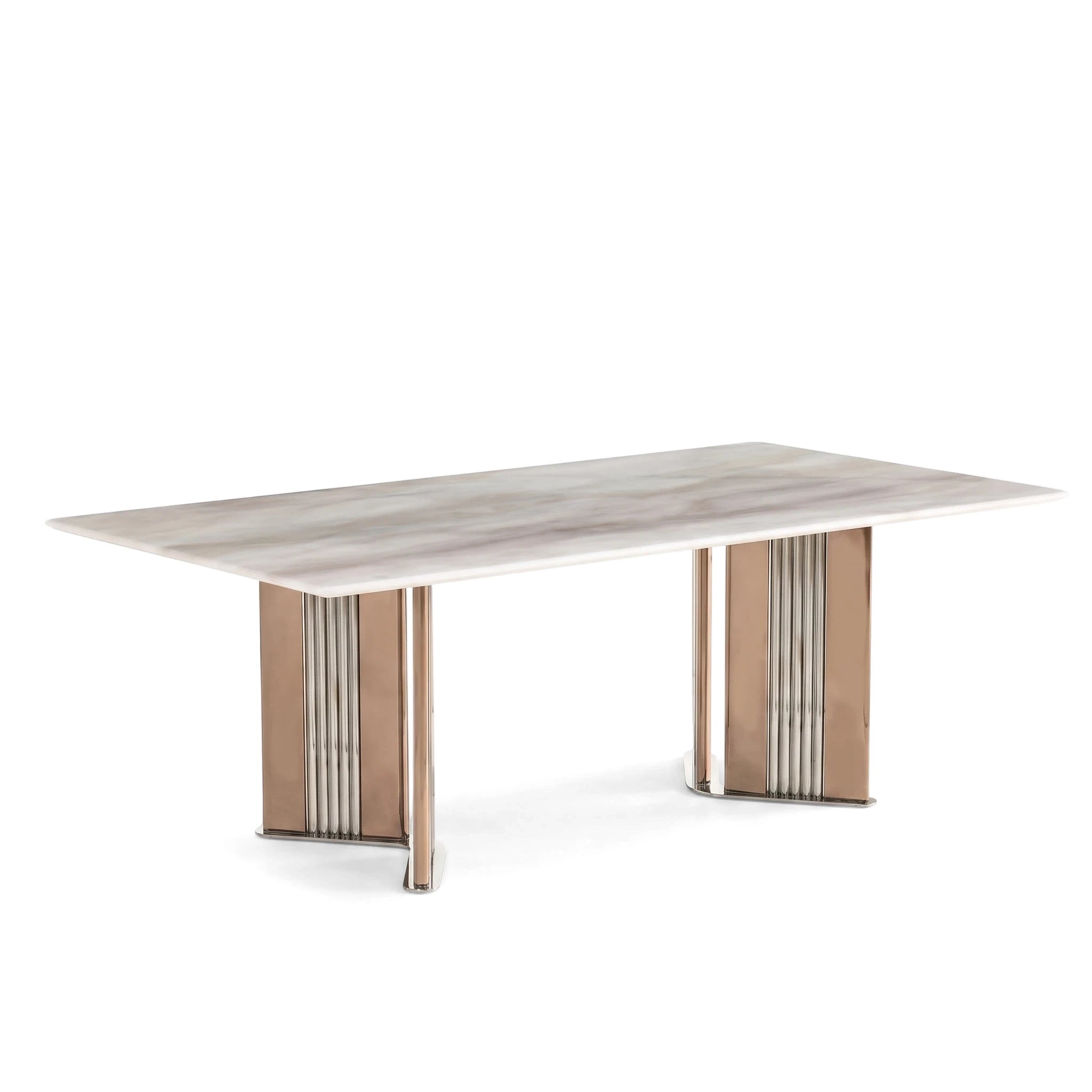 Fortino Dining Room Table with a rectangular marble top and elegant rose gold and chrome pillar legs, shown from an angled