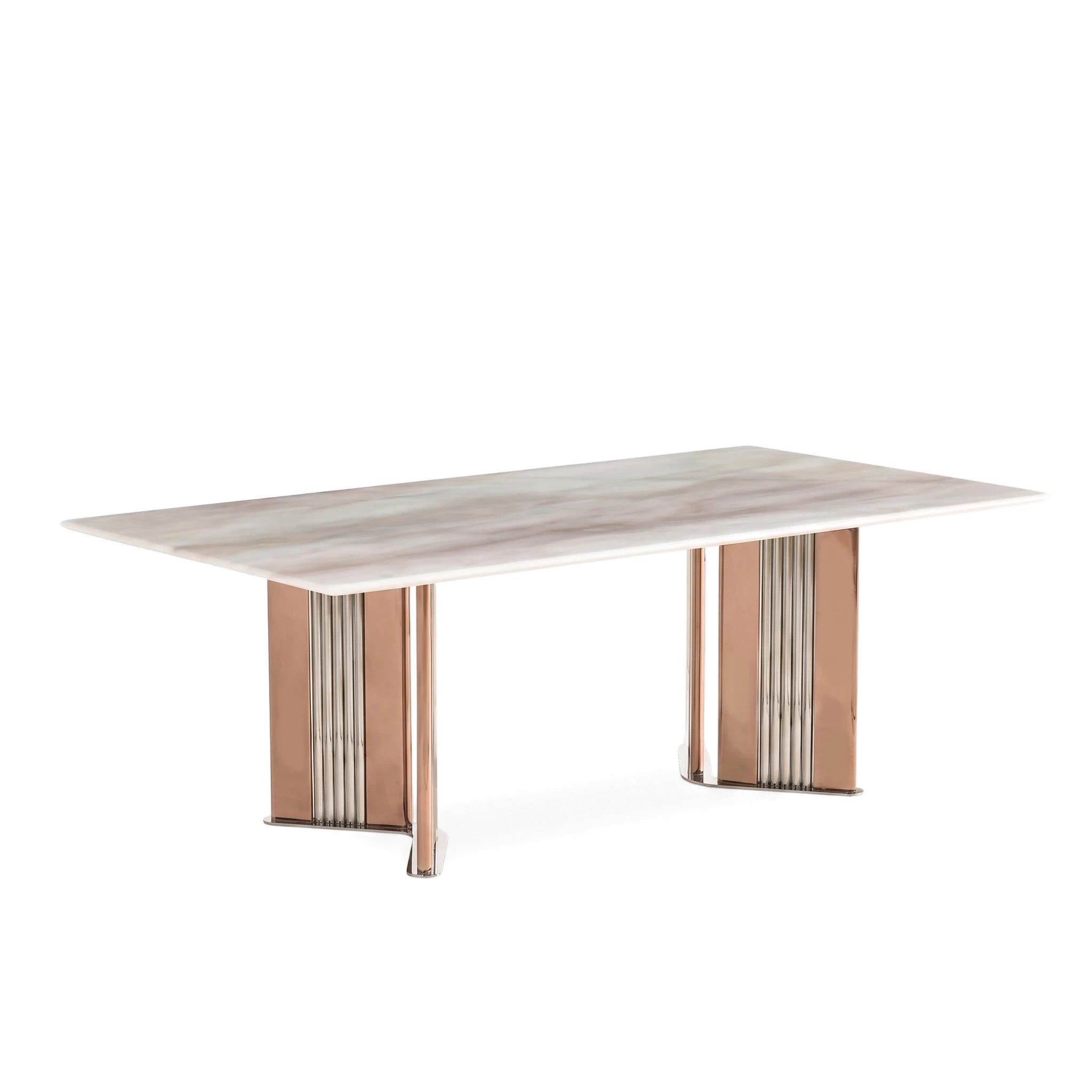 Fortino rectangular coffee table with a white marble top and rose gold and silver ribbed base.