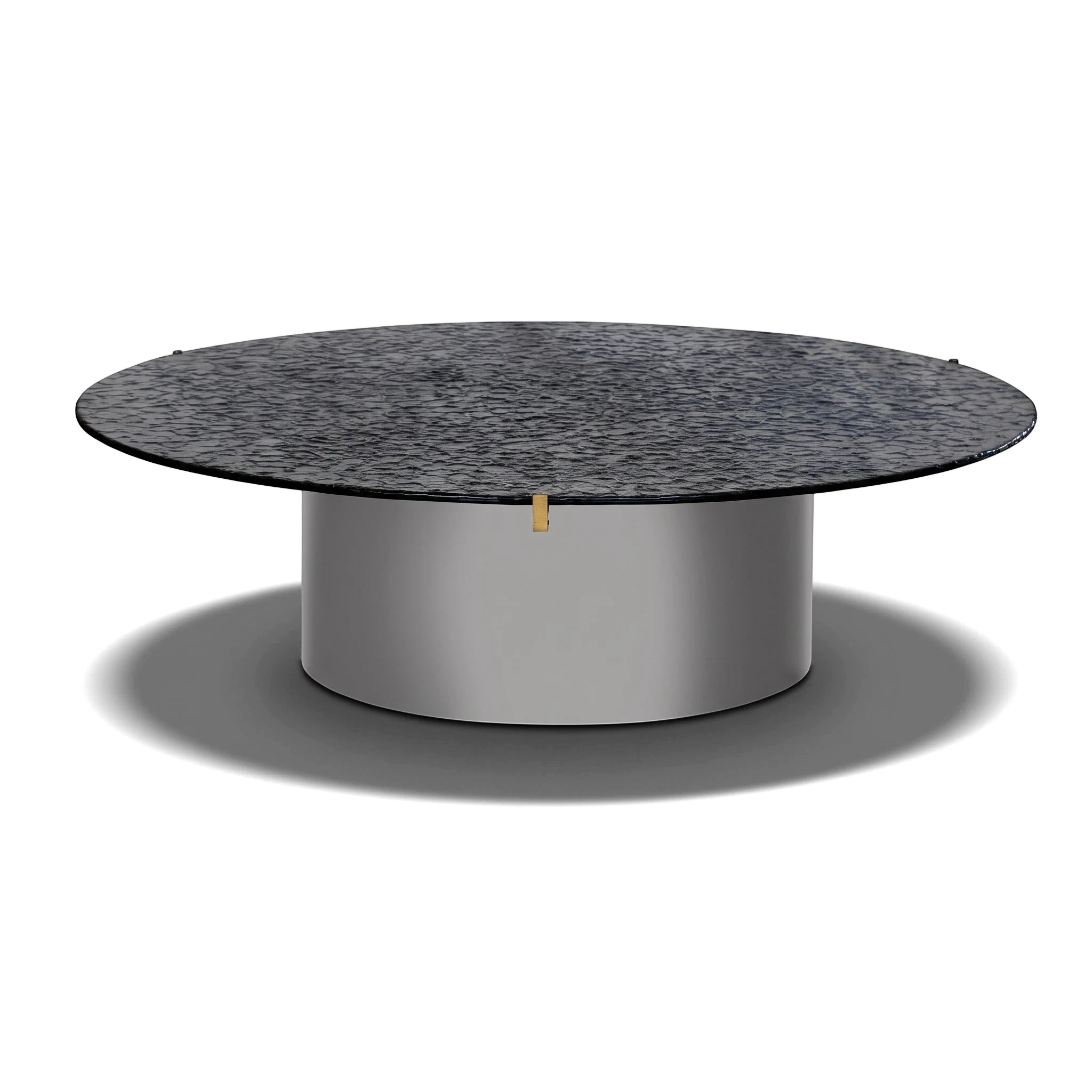 Gino Coffee Table - Grey with a round textured dark grey top and a sleek silver cylindrical base, viewed from an eye-level