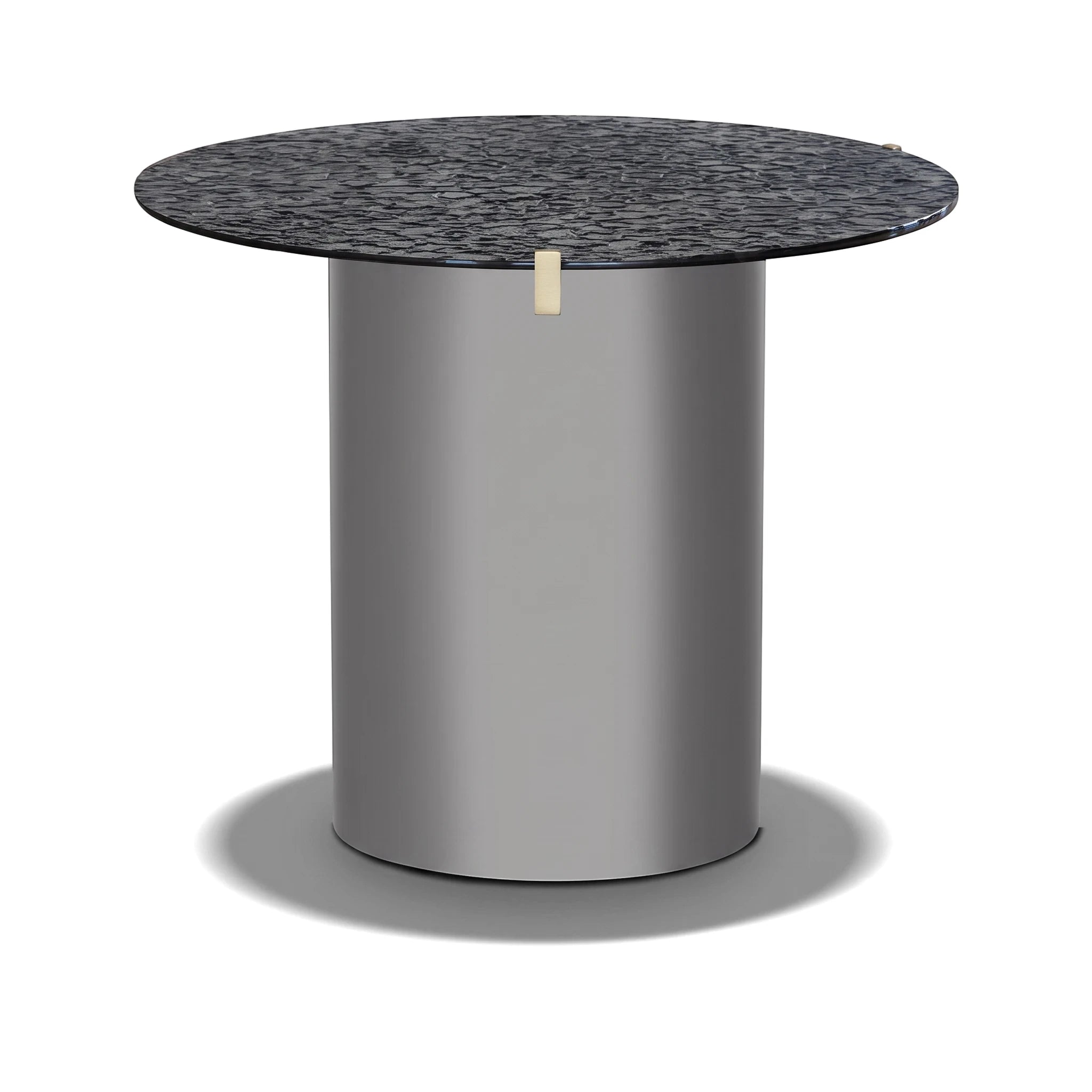 Grey Gino Side Table featuring a round textured black top and a sleek cylindrical base, viewed from an eye-level perspective.
