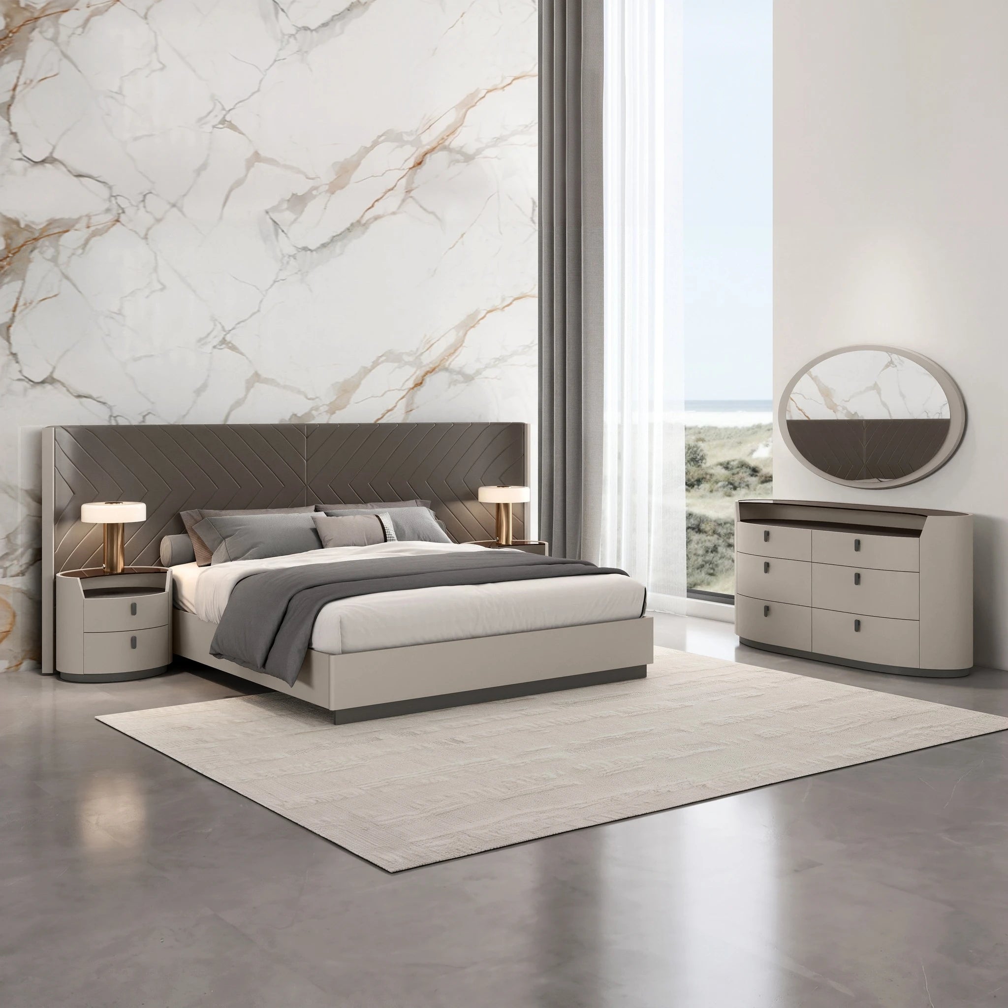 Girona 3 Piece Bedroom Suite in flannel grey featuring an upholstered headboard and matching nightstands.
