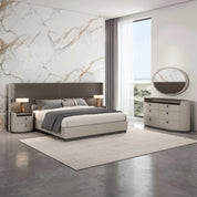 Girona Dressing Table And Mirror in flannel grey with circular mirror and curved drawer chest.