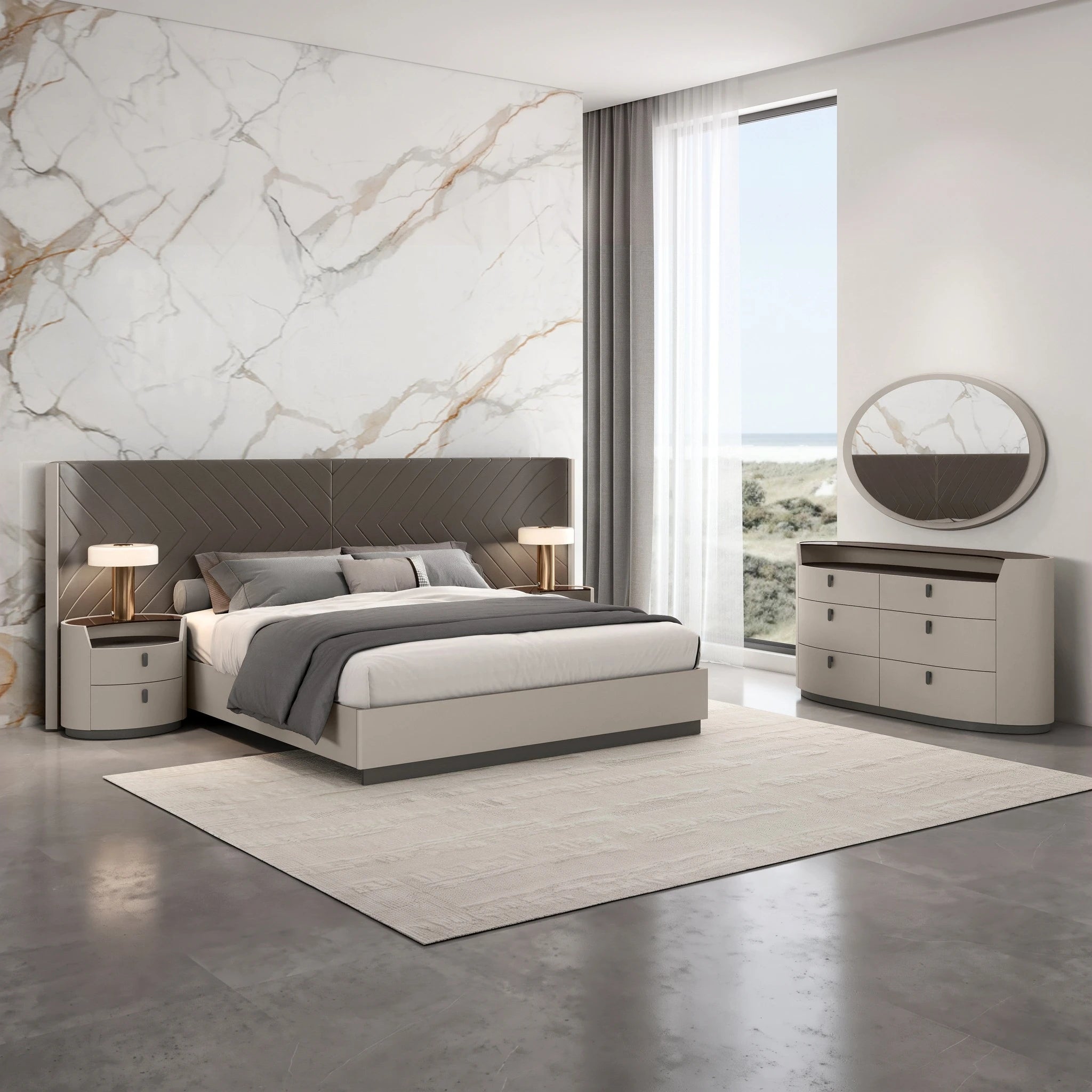 Girona Dressing Table And Mirror in flannel grey with circular mirror and curved drawer chest.