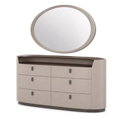 Flannel grey Girona dressing table with six drawers and an oval mirror, designed for modern bedrooms.