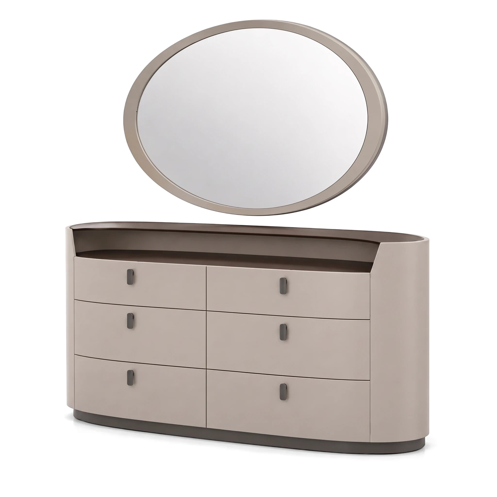 Flannel grey Girona dressing table with six drawers and an oval mirror, designed for modern bedrooms.