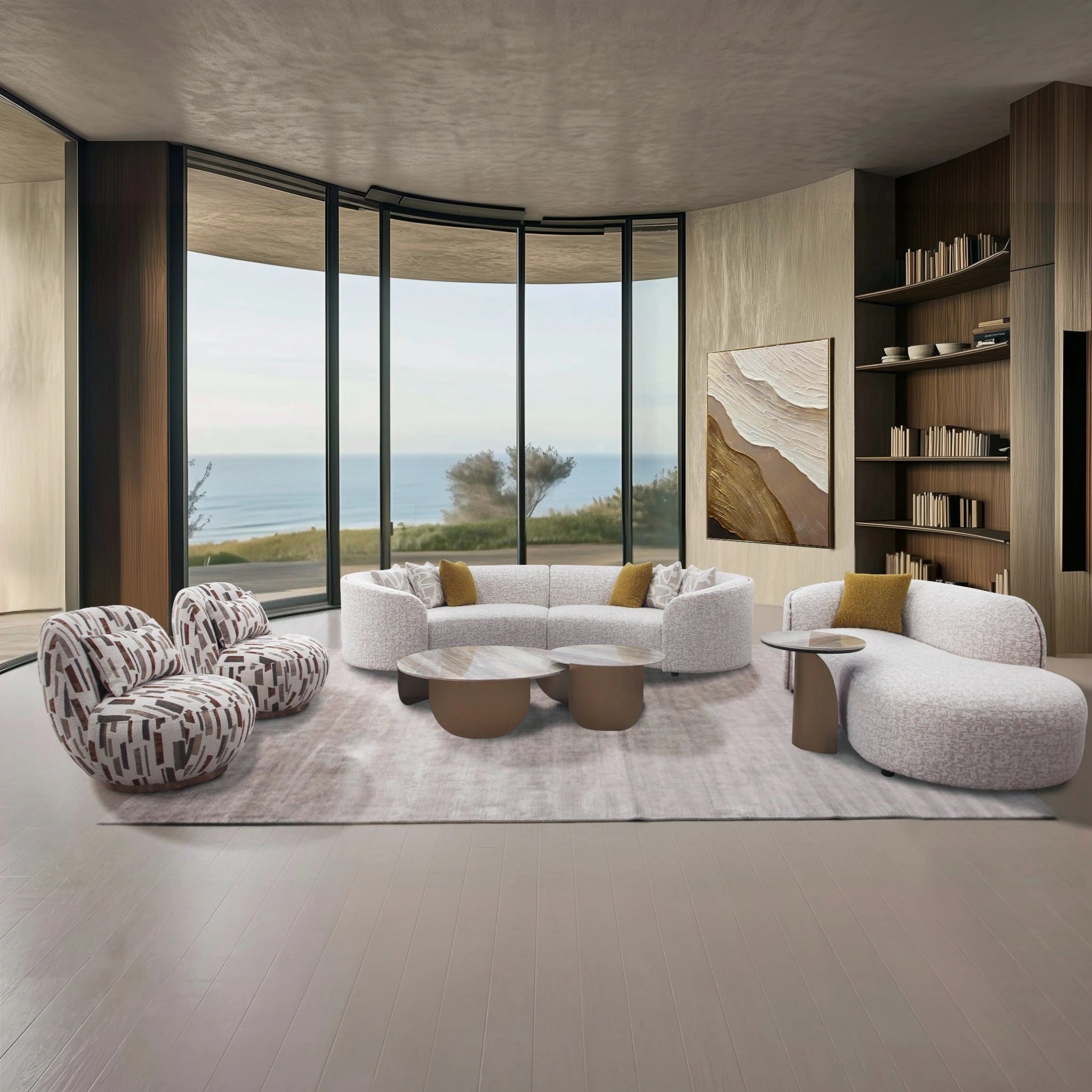 Glamour Lounge Suite in light cream fabric with curved sofas and patterned chairs, set in a modern living room overlooking