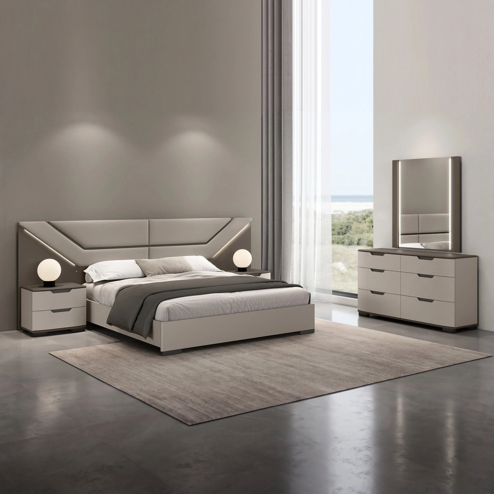 Granada 3 Piece Bedroom Suite in Flannel Grey with a padded headboard, matching nightstands, and a dresser.