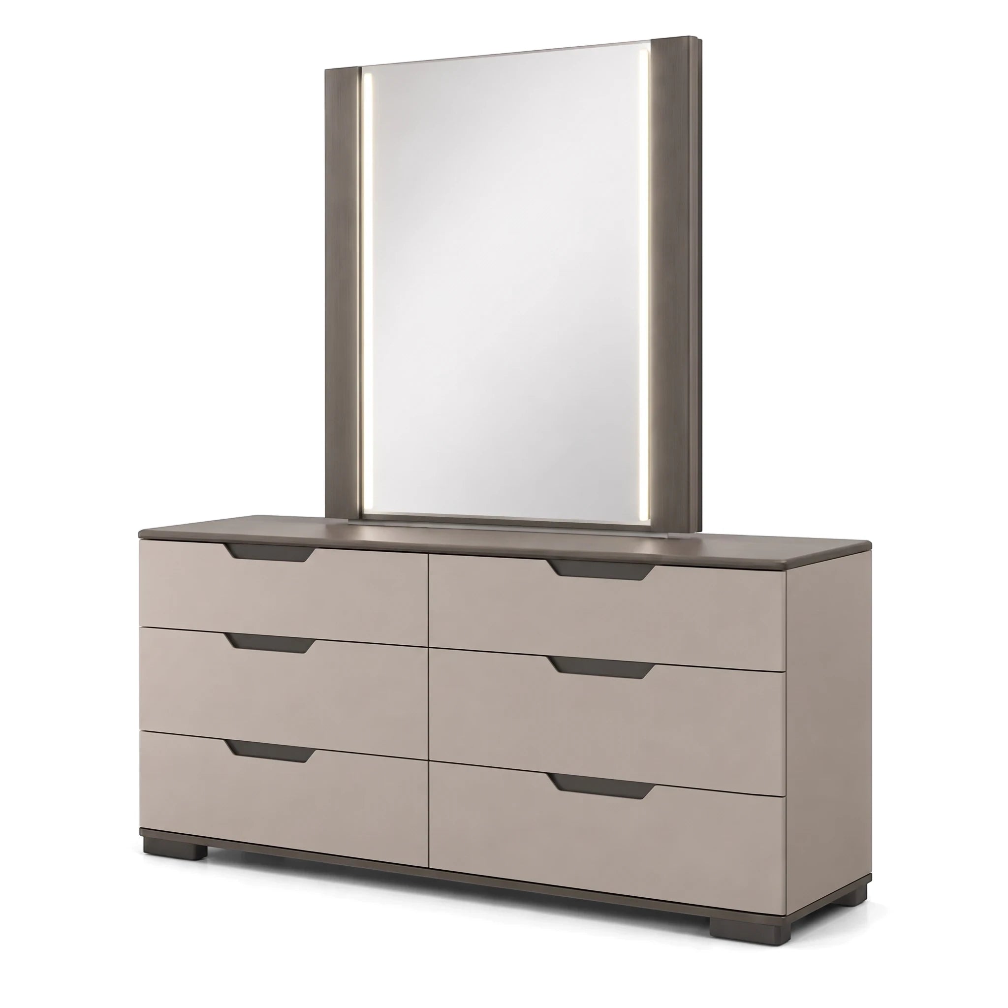 Flannel grey Granada dressing table and mirror with six drawers and integrated LED lighting, shown from a front-right angle.