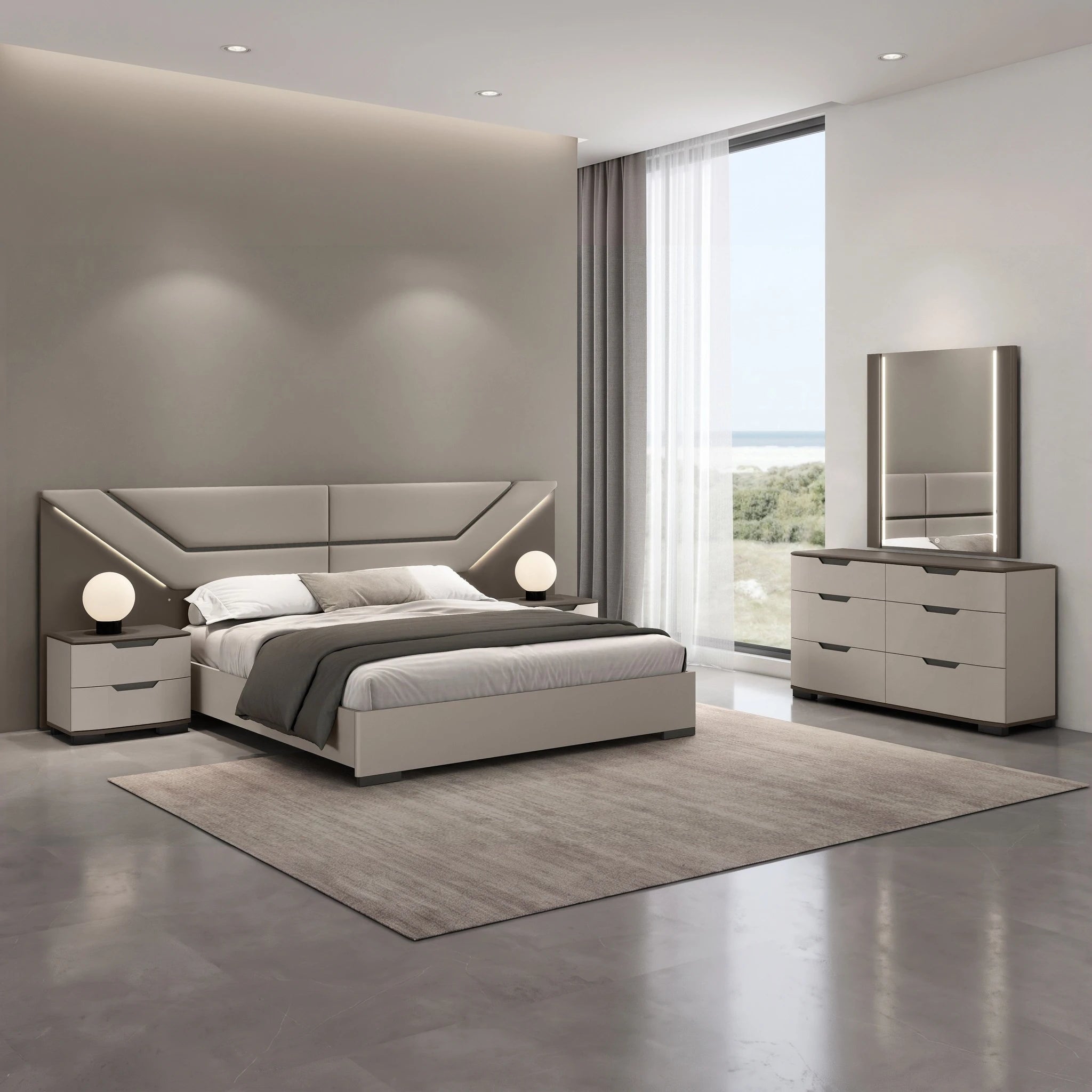 Granada dressing table and mirror in flannel grey with integrated LED trim and matching six-drawer dresser.
